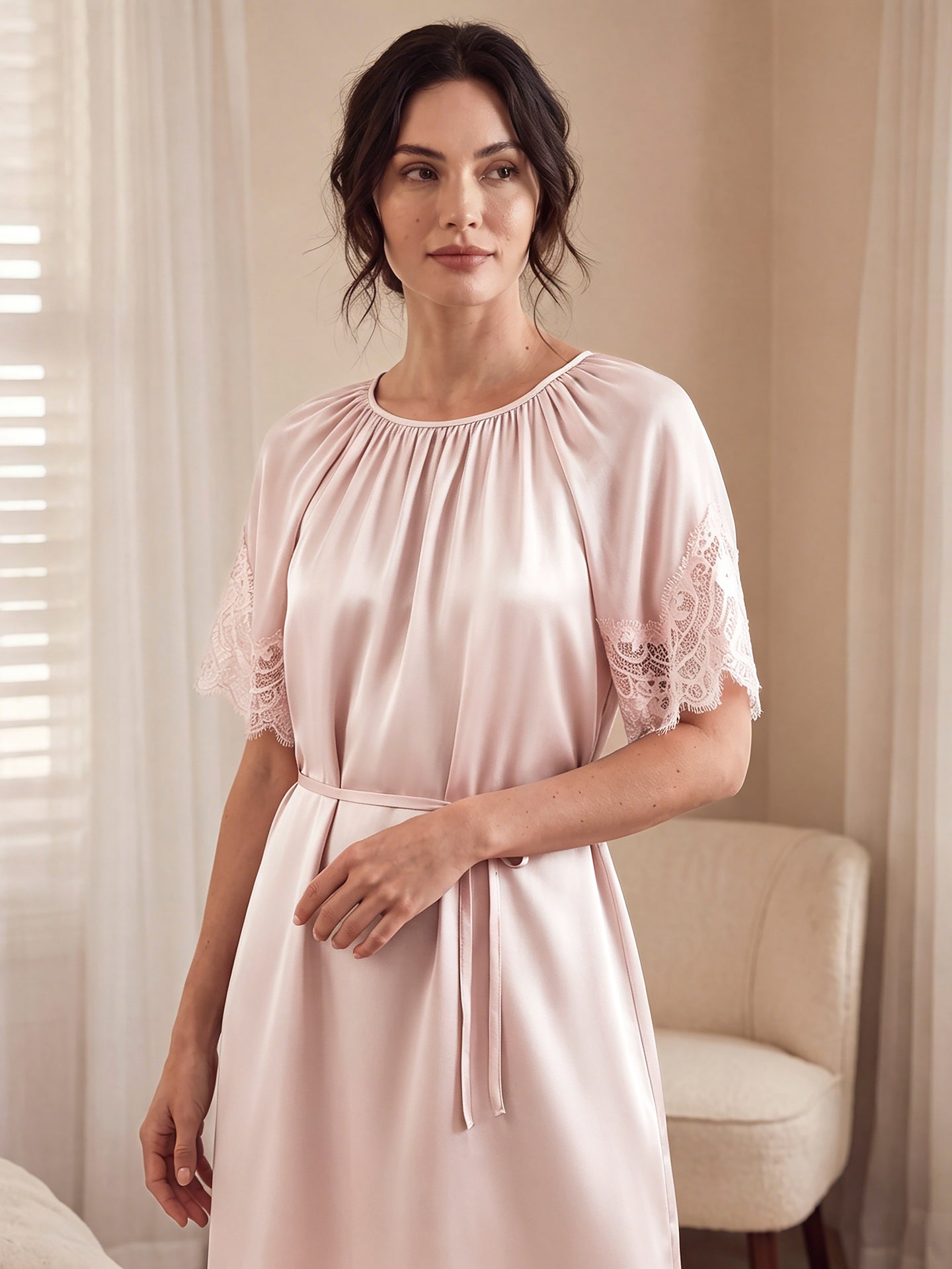 Mulberry Silk Belted Nightgown with Sheer Lace Sleeves#color_Blush Beige