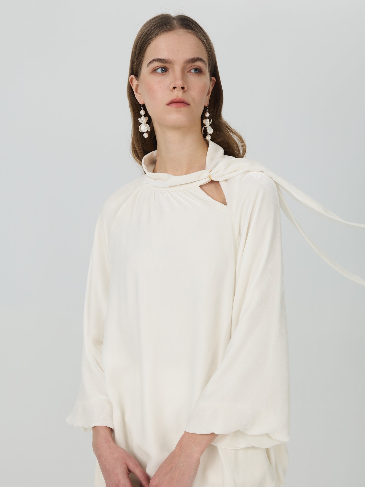 Silk Blend Tie-Neck Blouson Blouse#color_White