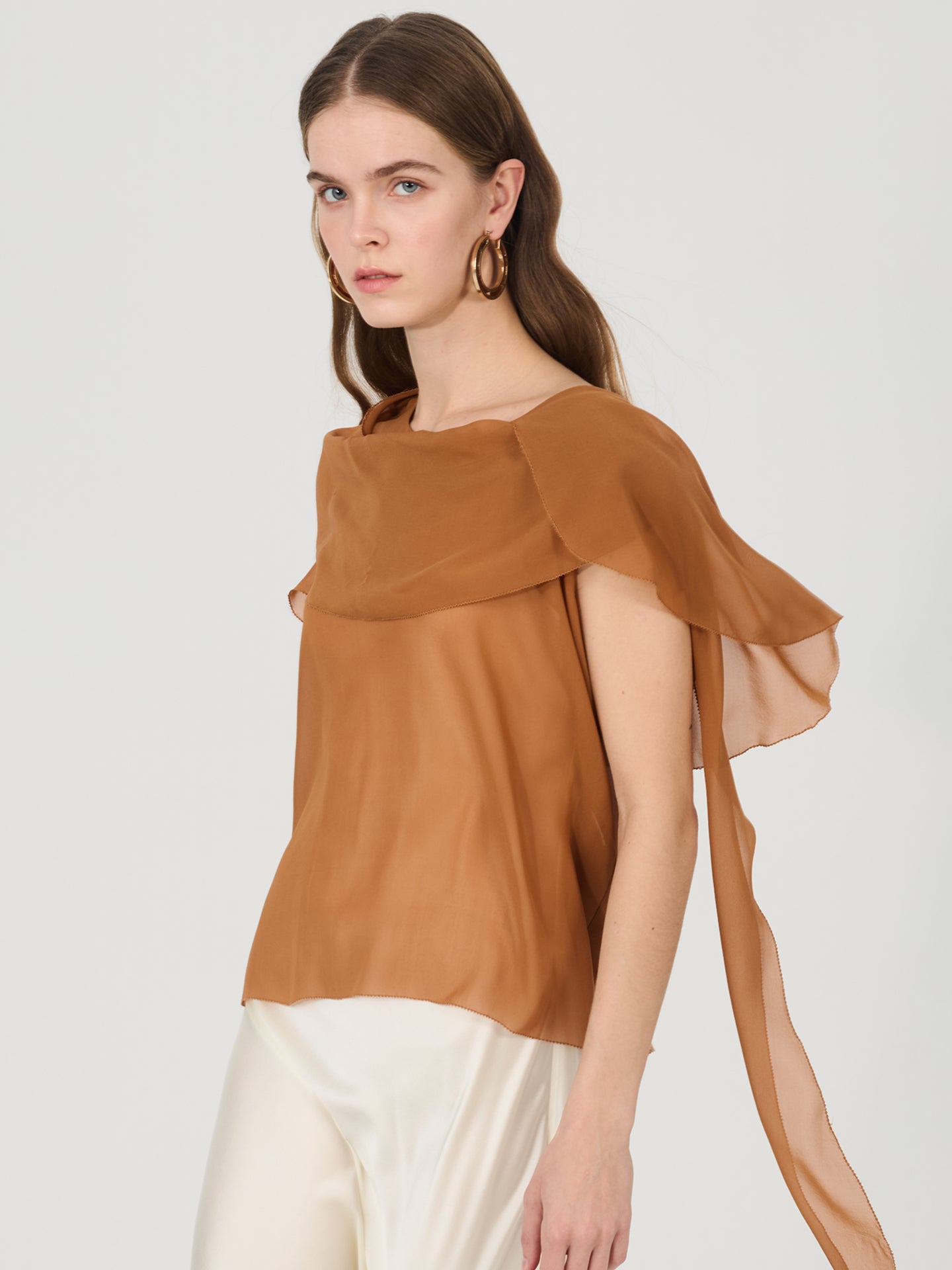 Sheer Silk Draped Scarf Blouse#color_Caramel