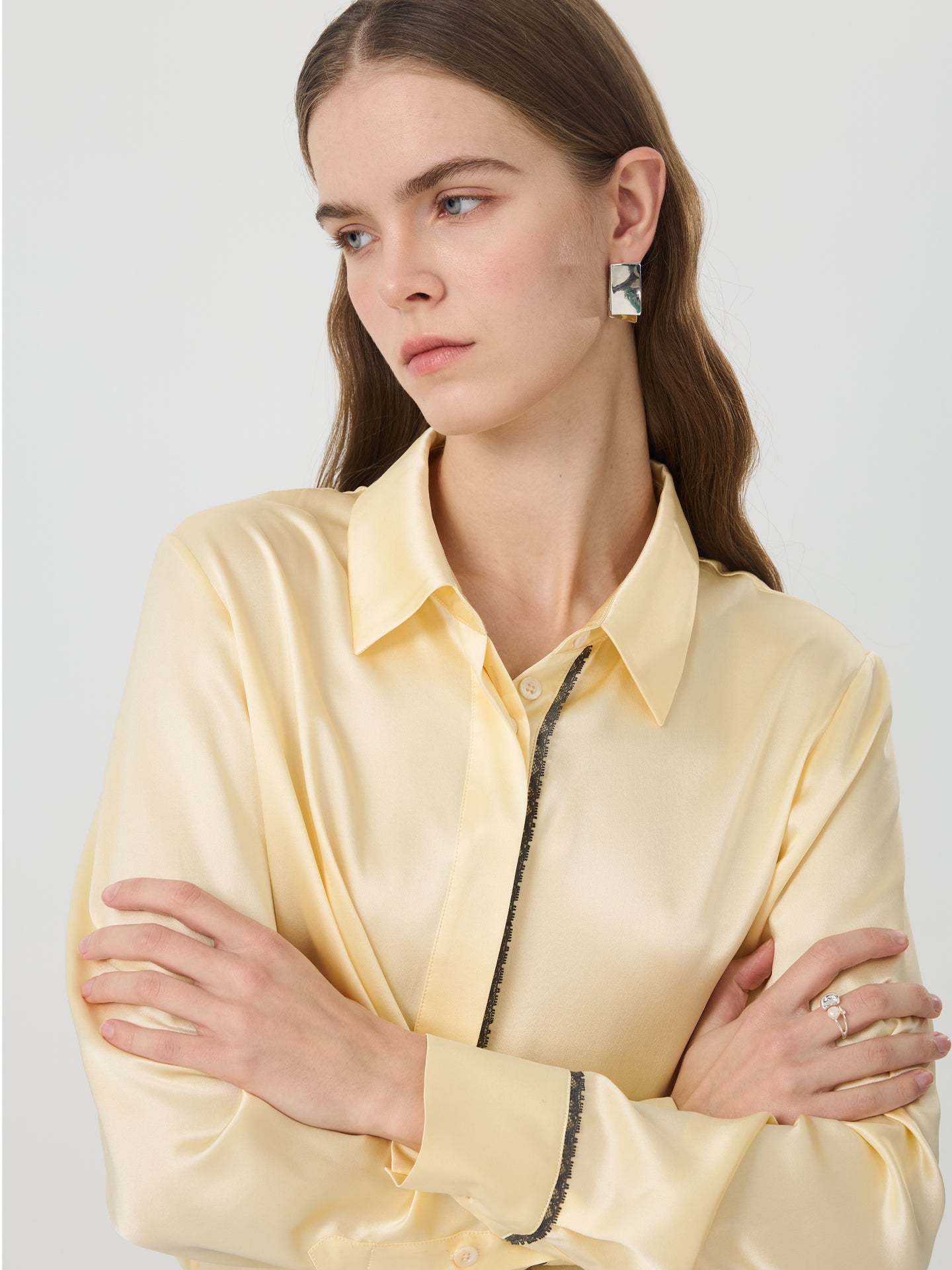Mulberry Silk Contrast-Trim Shirt#color_Light Lemon Yellow