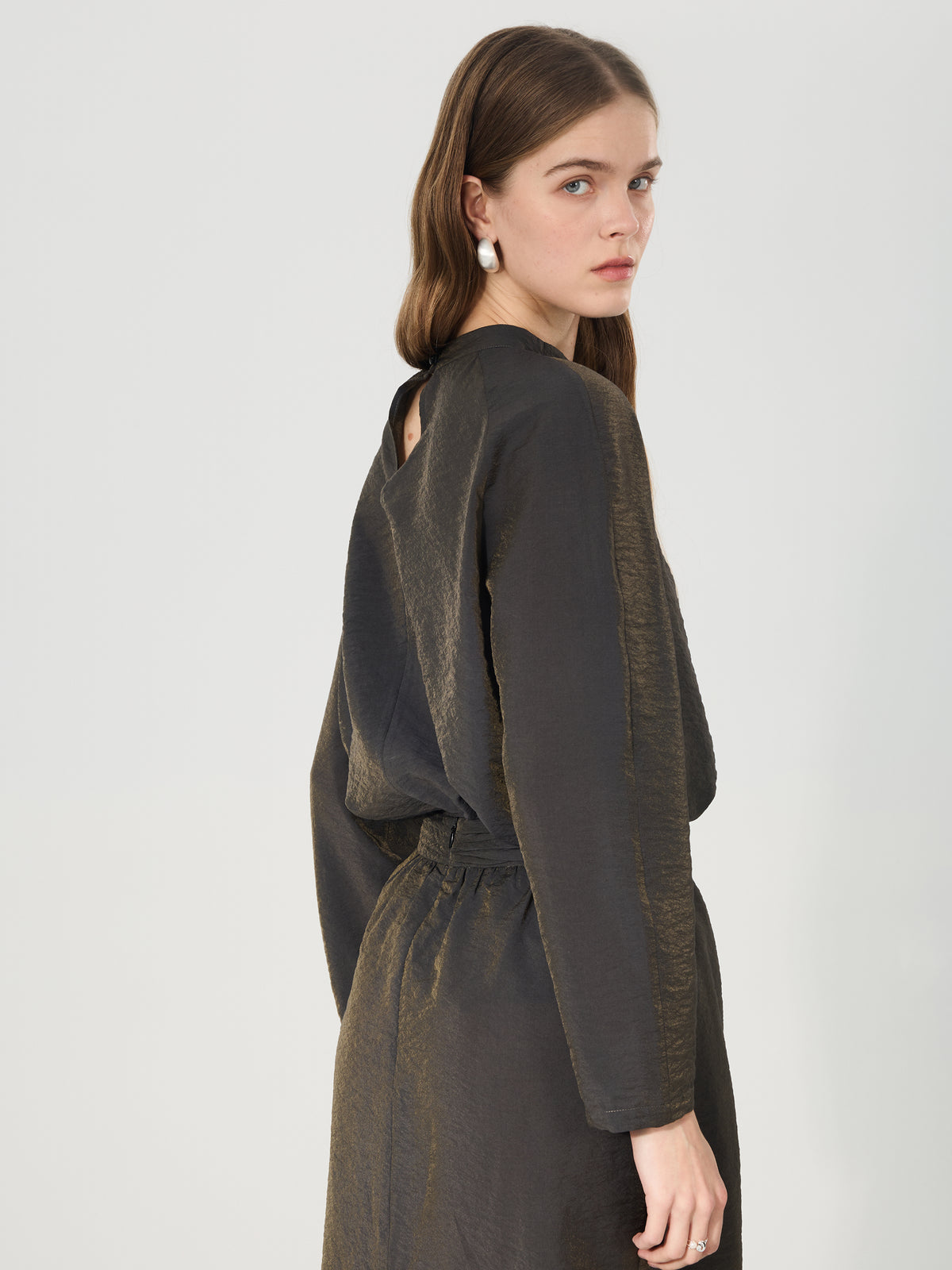 Mulberry Silk Draped Long Sleeve Blouse#color_Charcoal