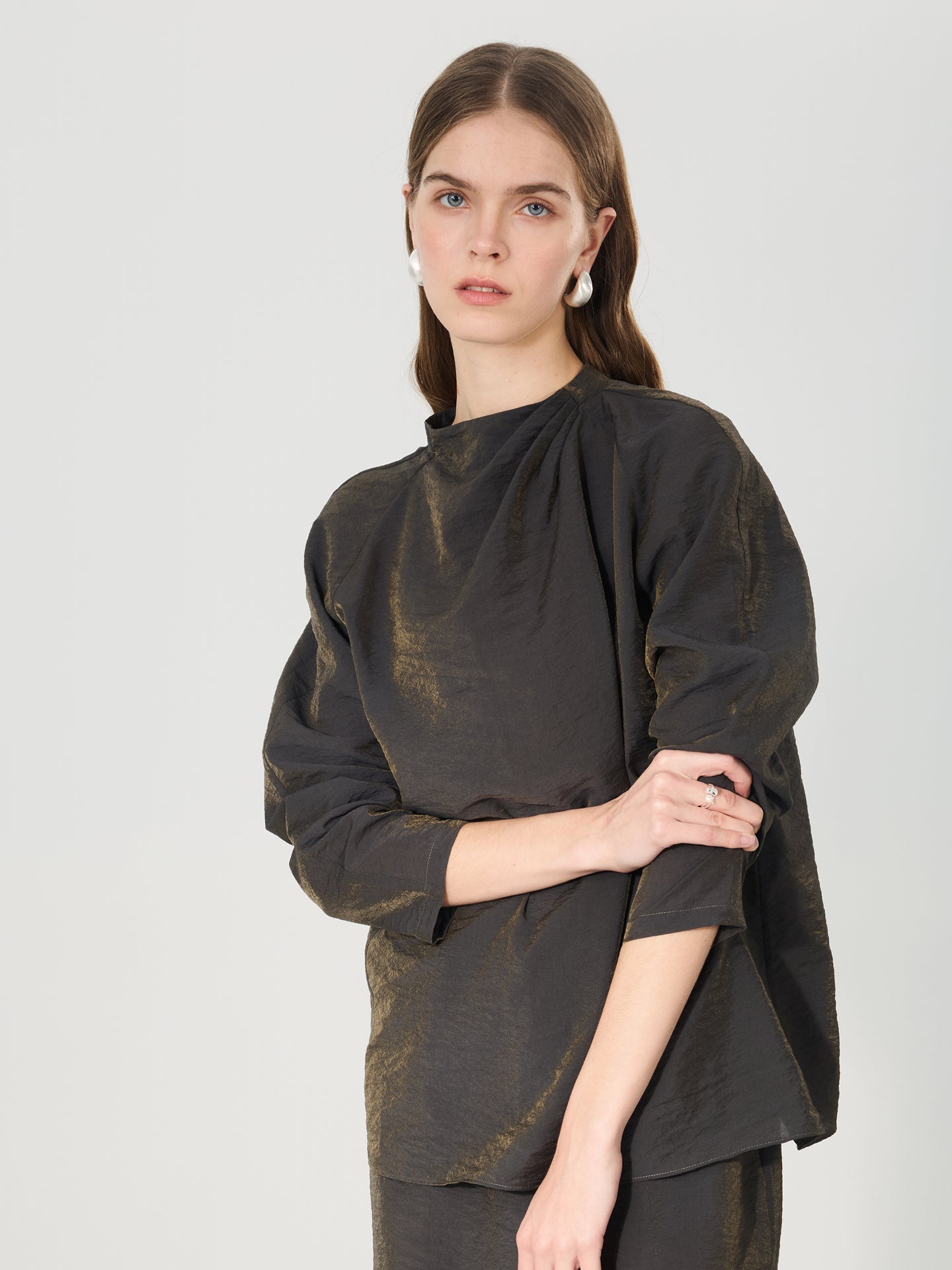Mulberry Silk Draped Long Sleeve Blouse#color_Charcoal