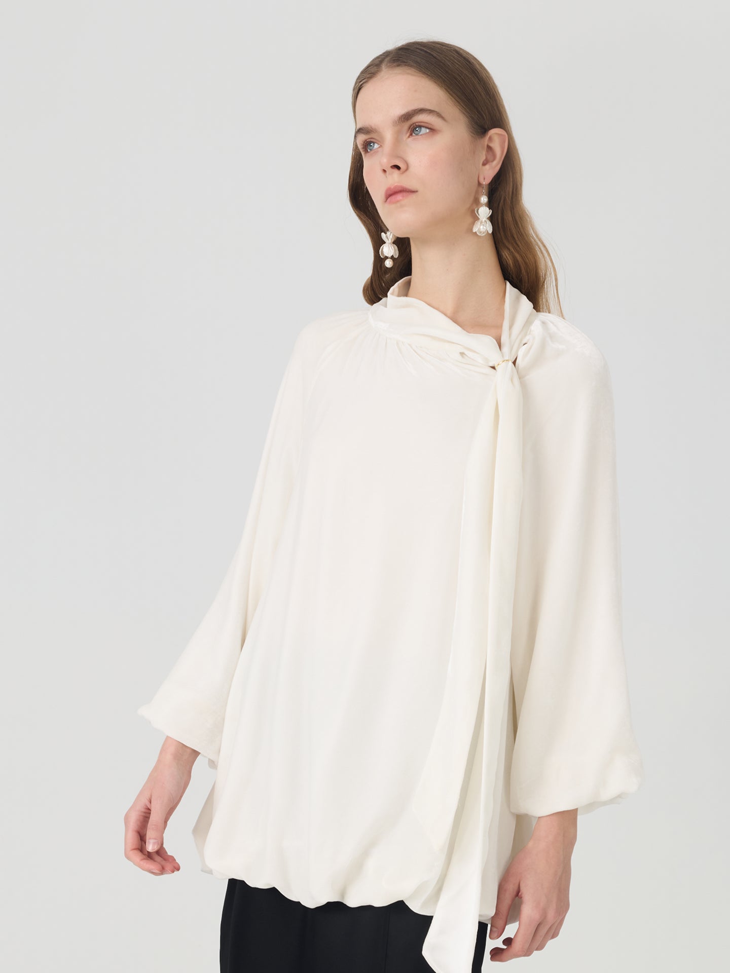 Silk Blend Tie-Neck Blouson Blouse#color_White