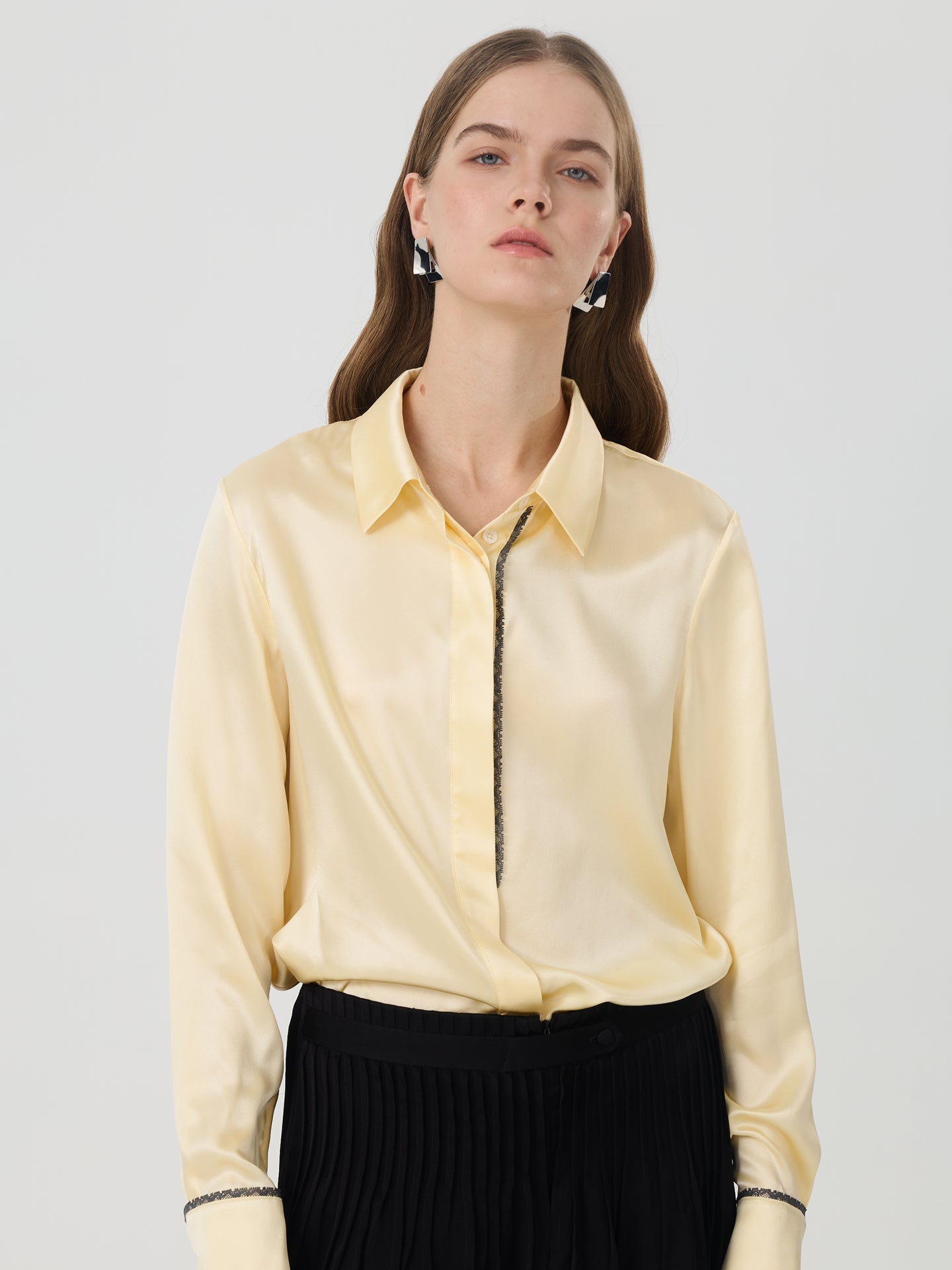 Mulberry Silk Contrast-Trim Shirt#color_Light Lemon Yellow