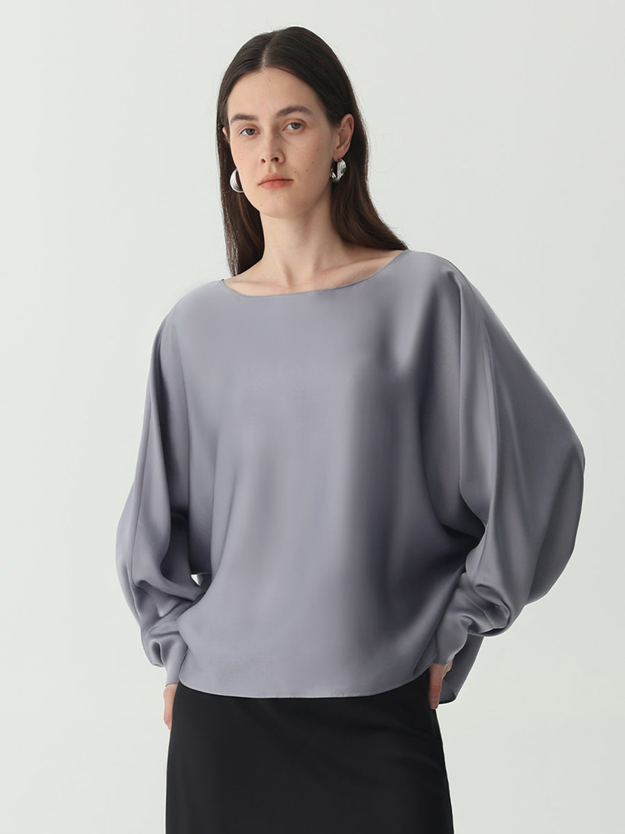 Batwing-Sleeve Blouse in Silk #color_Indigo Gray