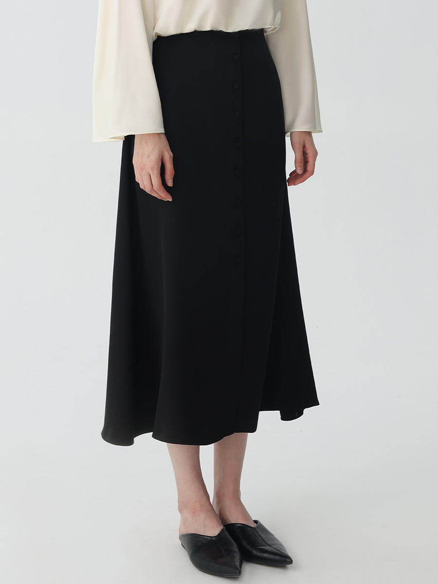 Button-down Silk Midi Skirt #color_Black