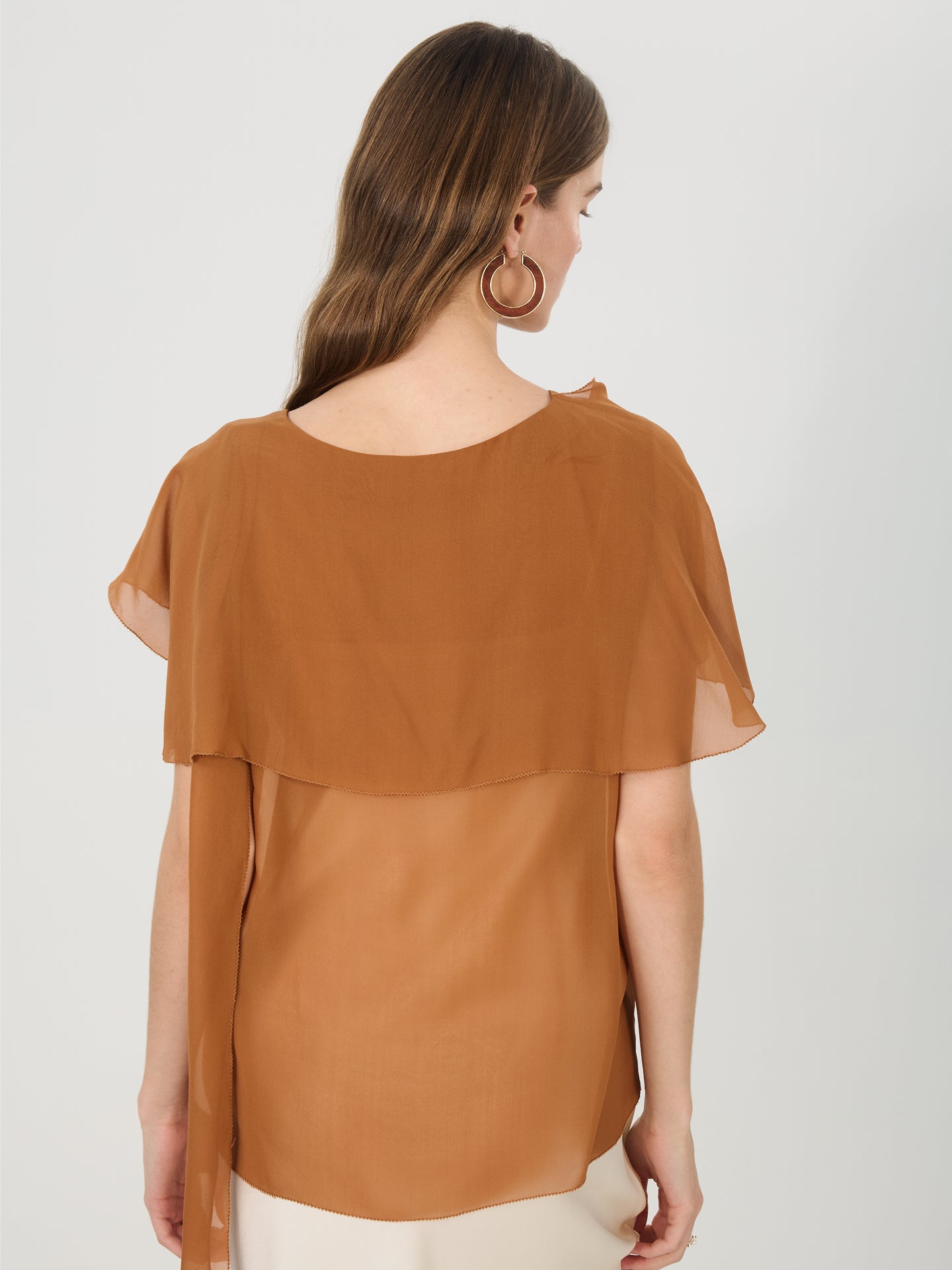 Sheer Silk Draped Scarf Blouse#color_Caramel