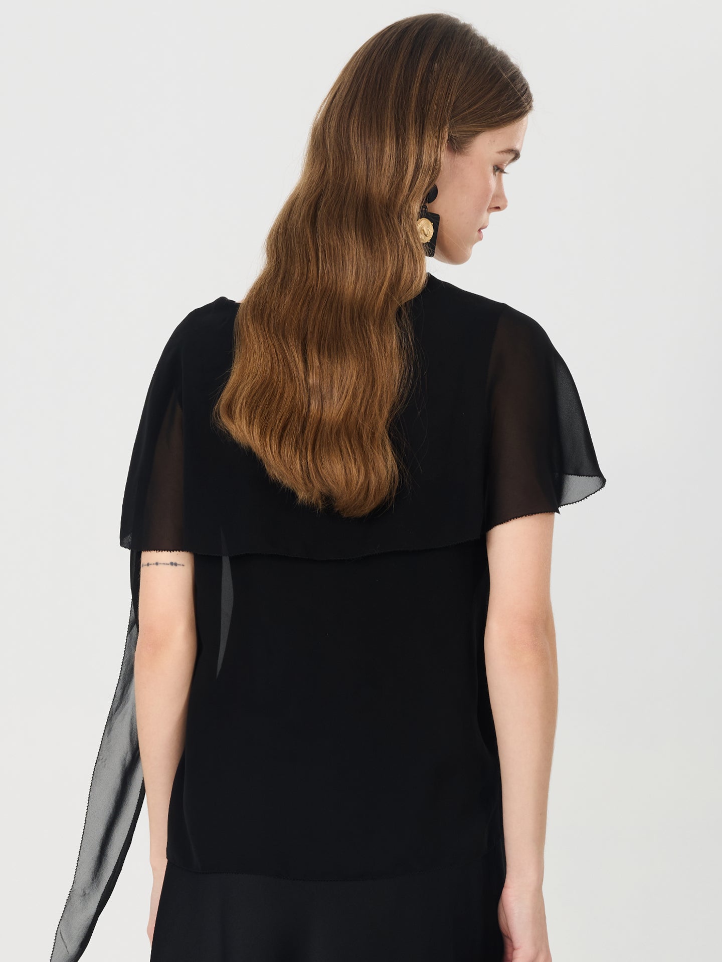 Sheer Silk Draped Scarf Blouse#color_Black