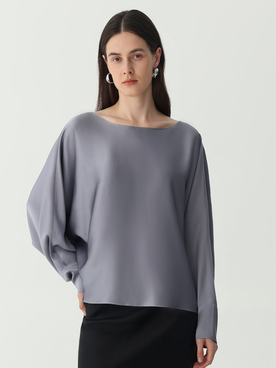 Batwing-Sleeve Blouse in Silk #color_Indigo Gray