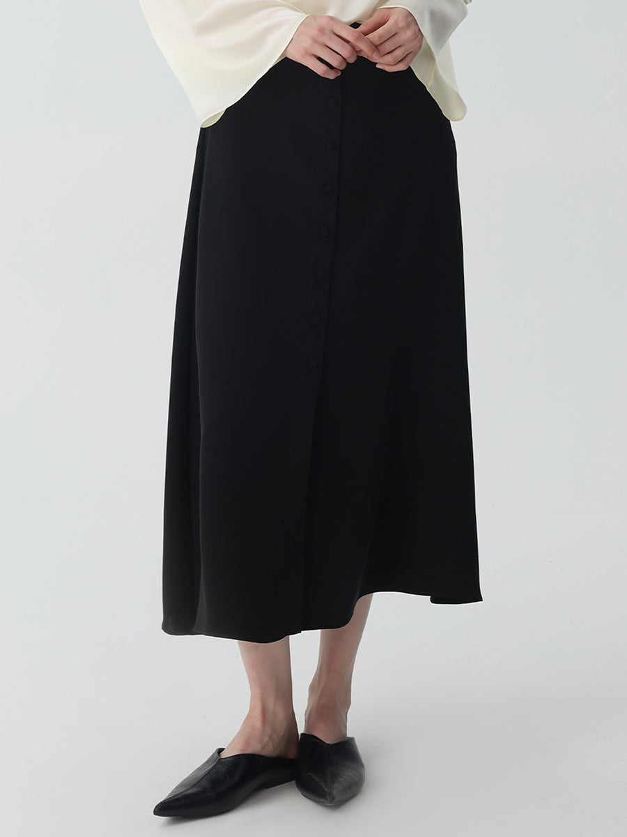 Button-down Silk Midi Skirt #color_Black