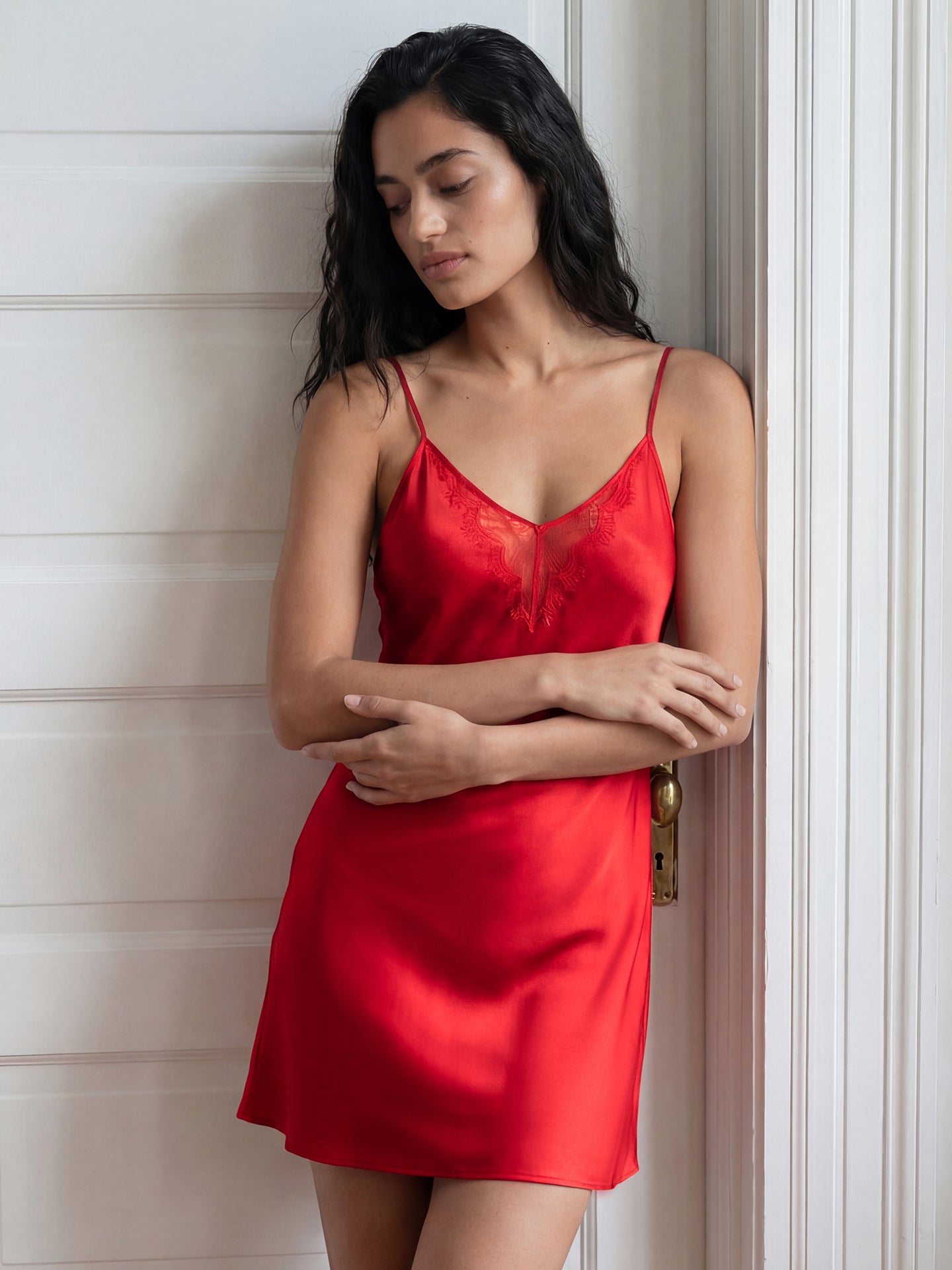 100% Silk V-Neck Nightgown with Lace Trim#color_Red