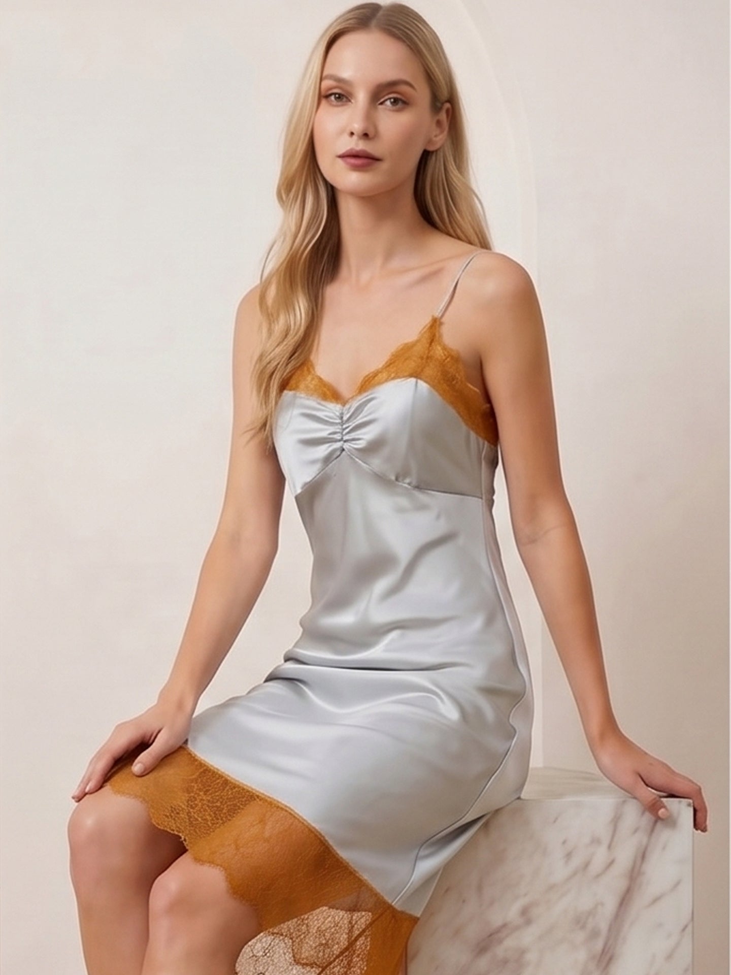 Mulberry Silk Ruched Nightdress with Contrast Lace Trim#color_Mint Green