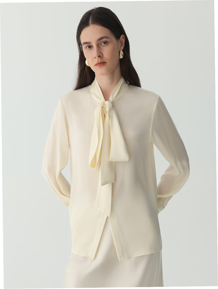 Bow-Tie Neck Silk Blouse #color_Ivory White