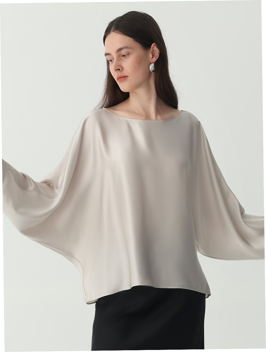 Batwing-Sleeve Blouse in Silk #color_Soft Gray White