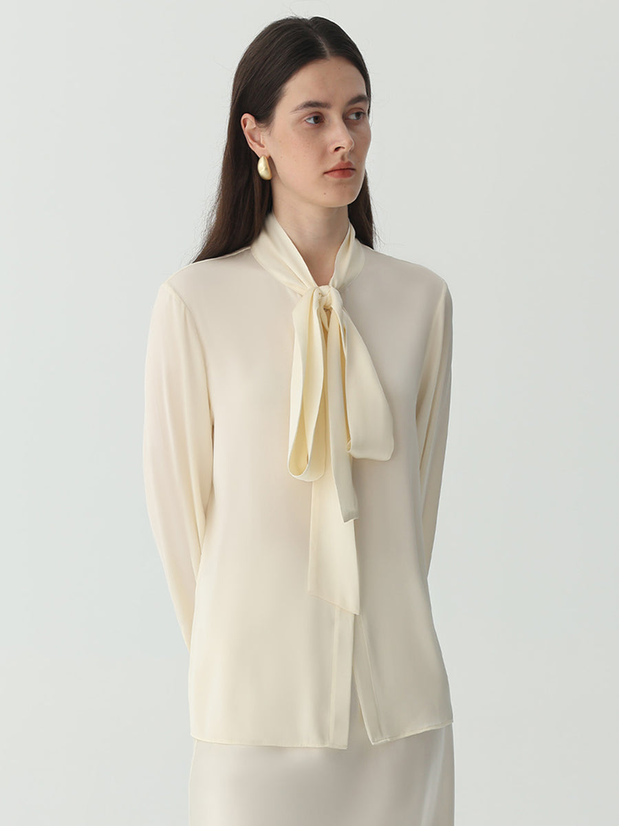 Bow-Tie Neck Silk Blouse #color_Ivory White