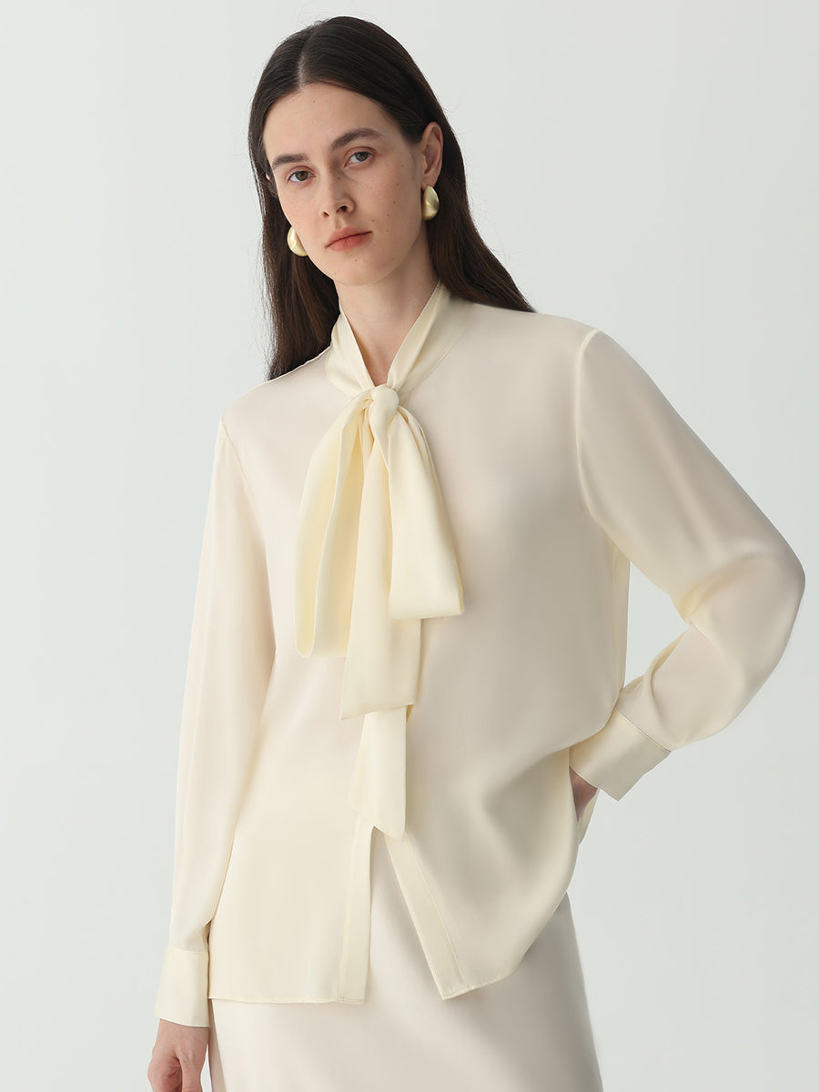 Bow-Tie Neck Silk Blouse #color_Ivory White