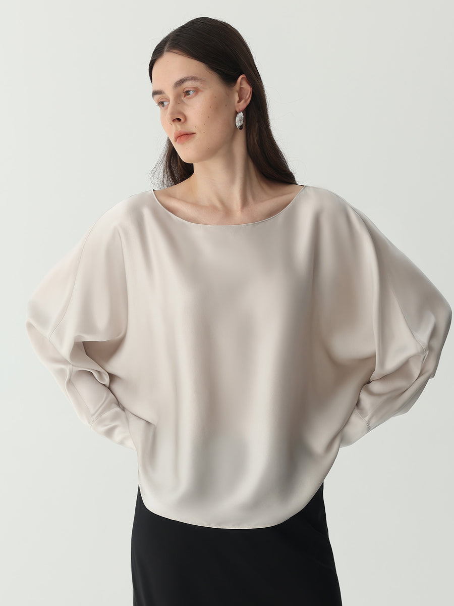 Batwing-Sleeve Blouse in Silk #color_Soft Gray White