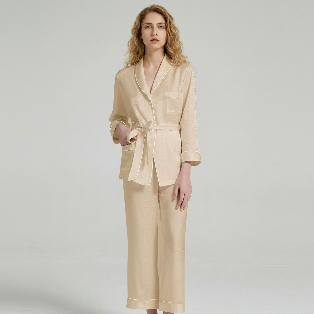 19 Momme Mulberry Silk Pajama Set with Belt#color_Light Gold