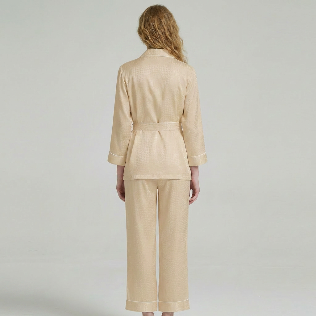 19 Momme Mulberry Silk Pajama Set with Belt#color_Light Gold