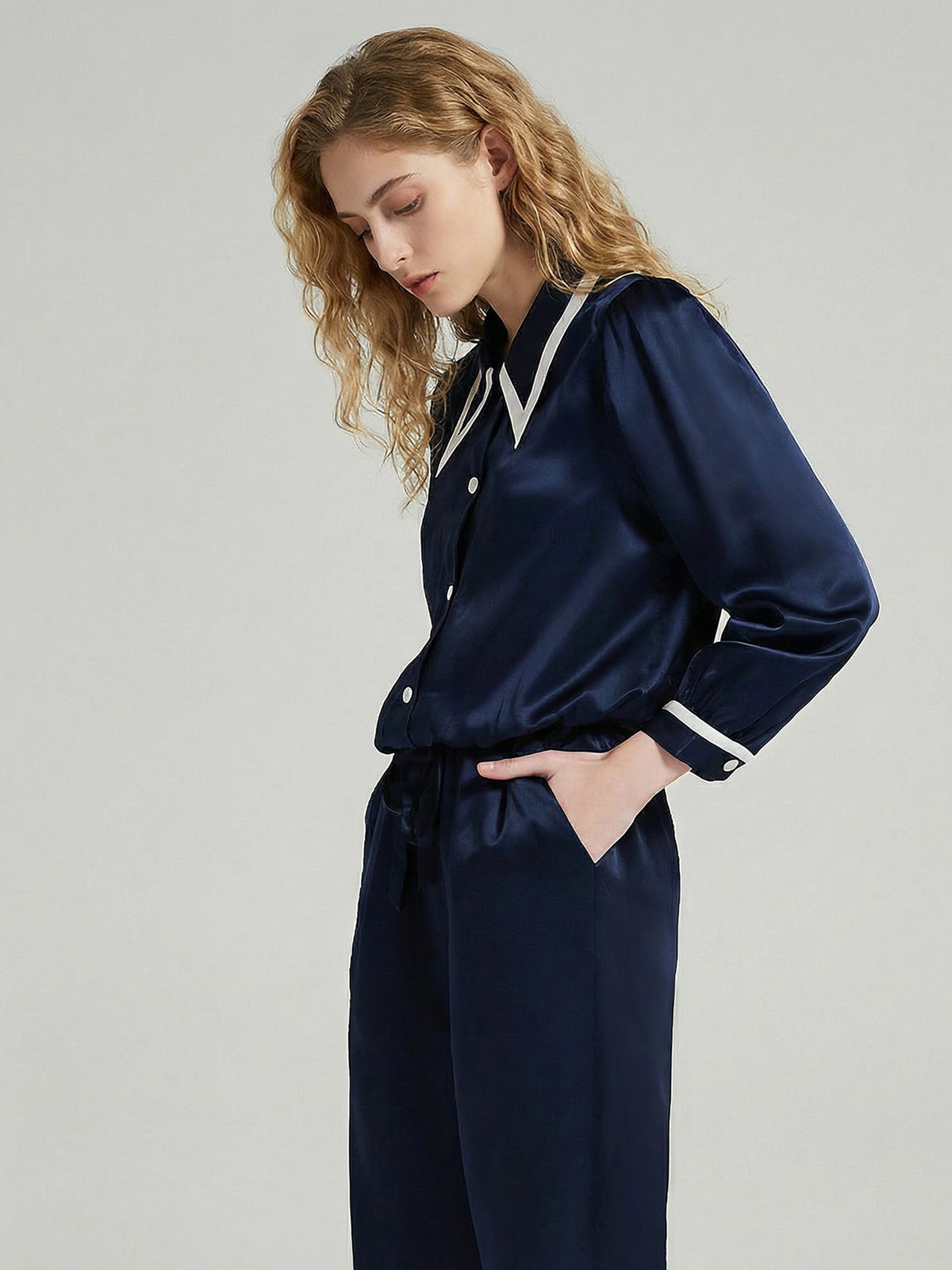 Silk Contrast Collar Pajama Set with Side Slit Pants#color_Navy