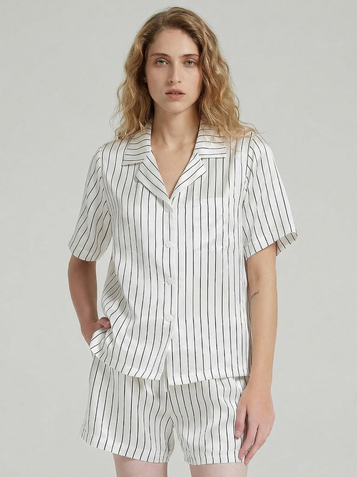 Silk Striped Short Pajama Set with Notch Collar#color_White Stripes
