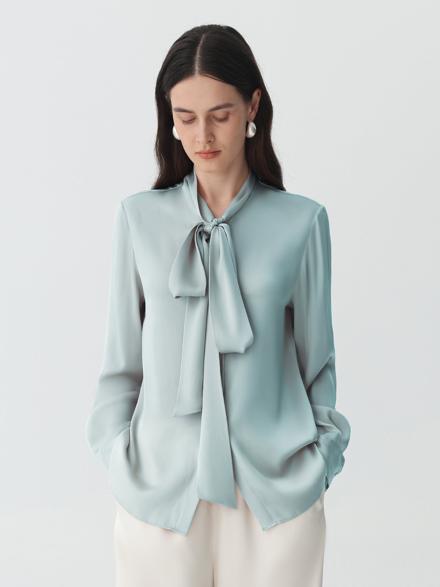 Bow-Tie Neck Silk Blouse #color_Baby Blue