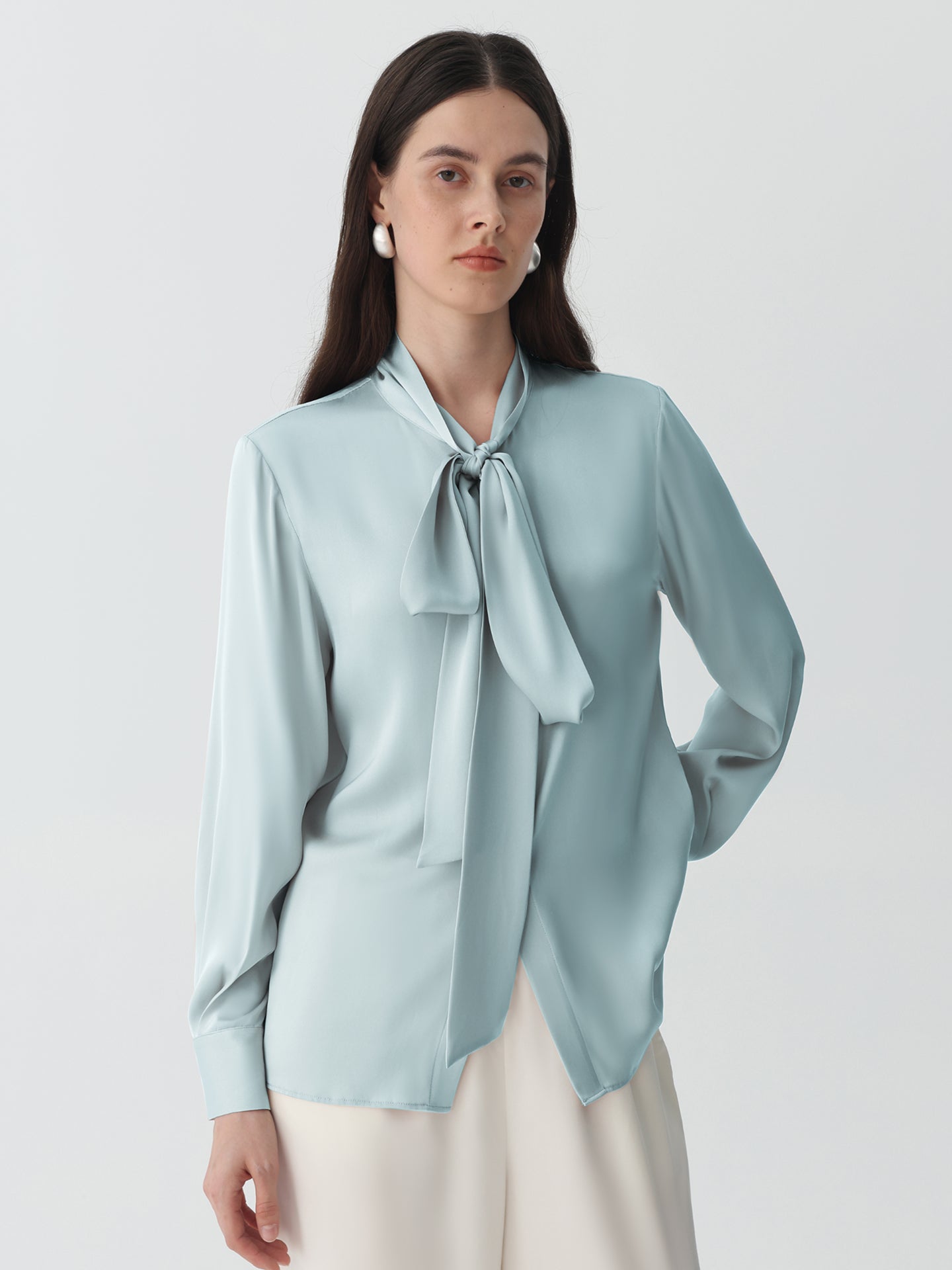 Bow-Tie Neck Silk Blouse #color_Baby Blue