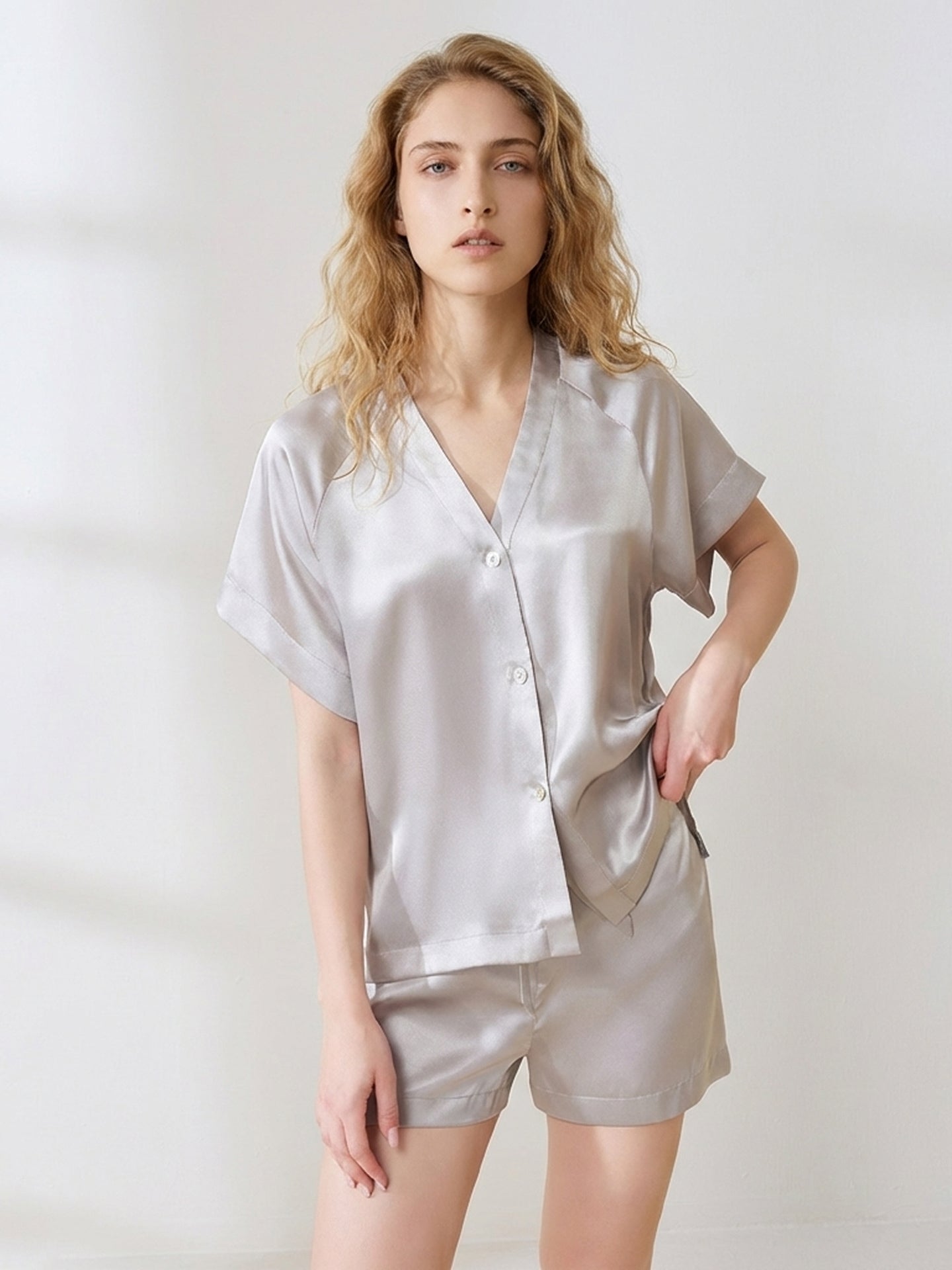 Luxe Mulberry Silk Pajama Set#color_Grey