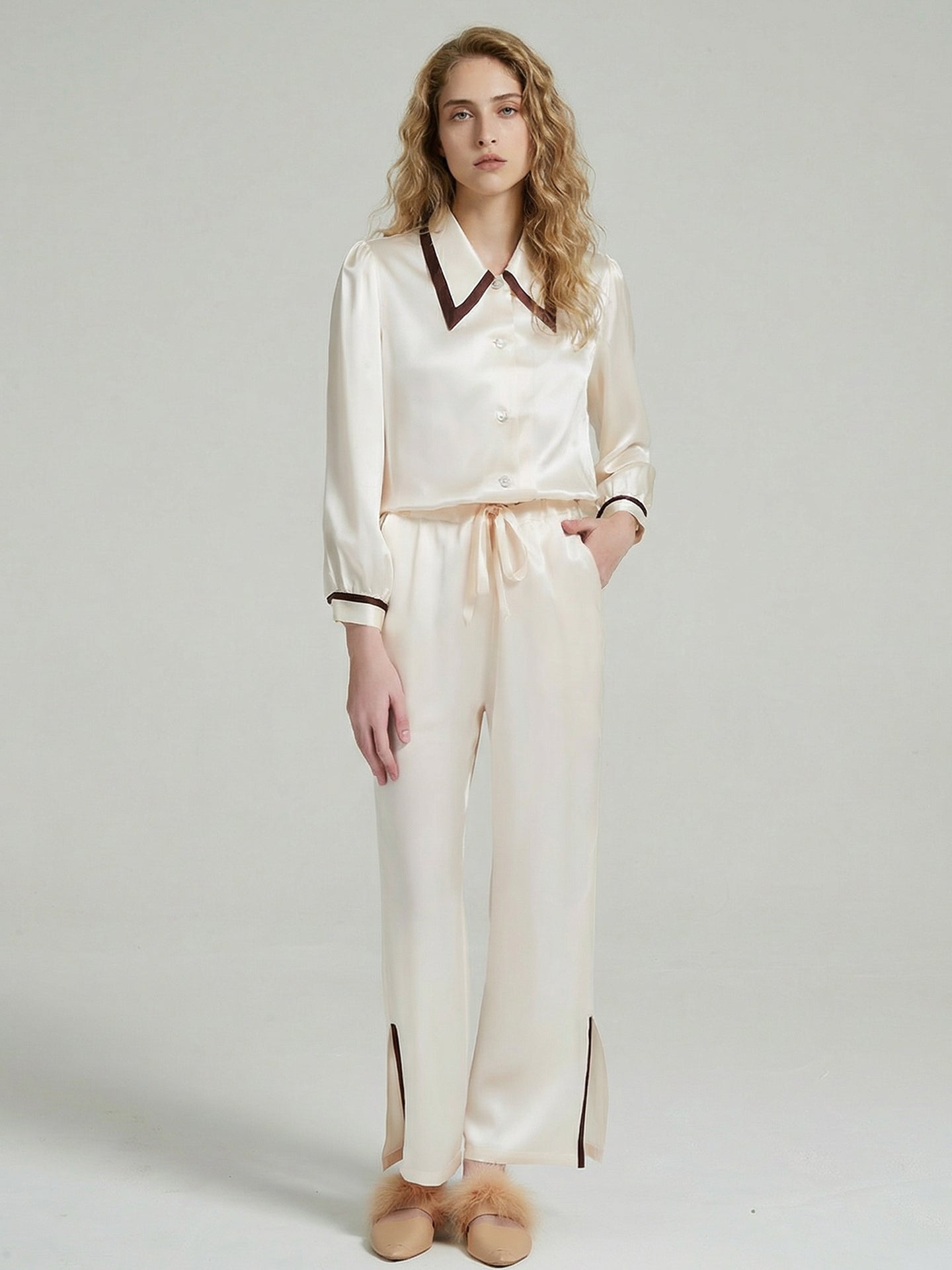 Silk Contrast Collar Pajama Set with Side Slit Pants#color_Light Lemon Yellow
