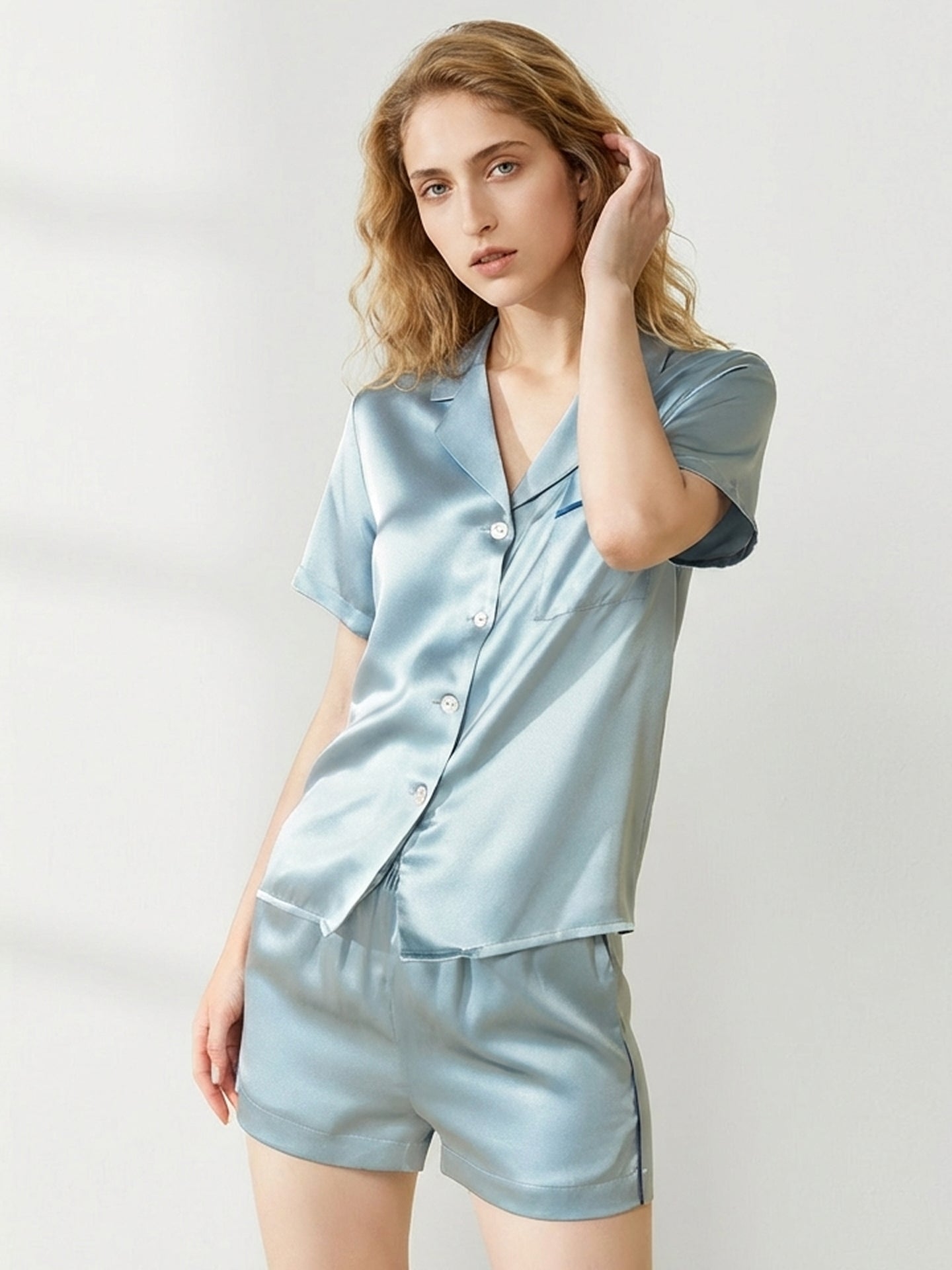 Silk Short Pajama Set with Notch Collar#color_Dusty Blue
