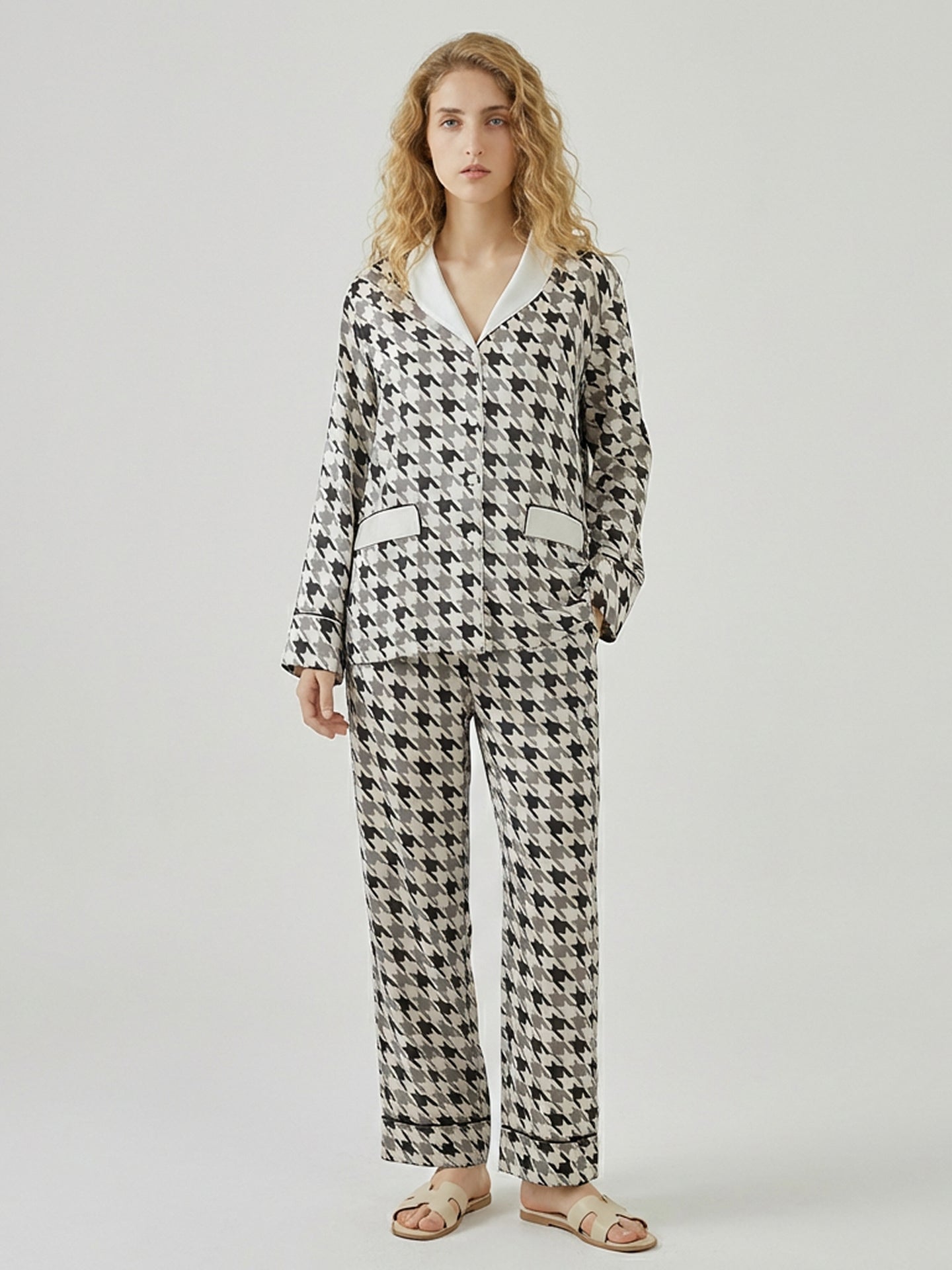 Black and White Houndstooth Pajama Set#color_checkered pattern