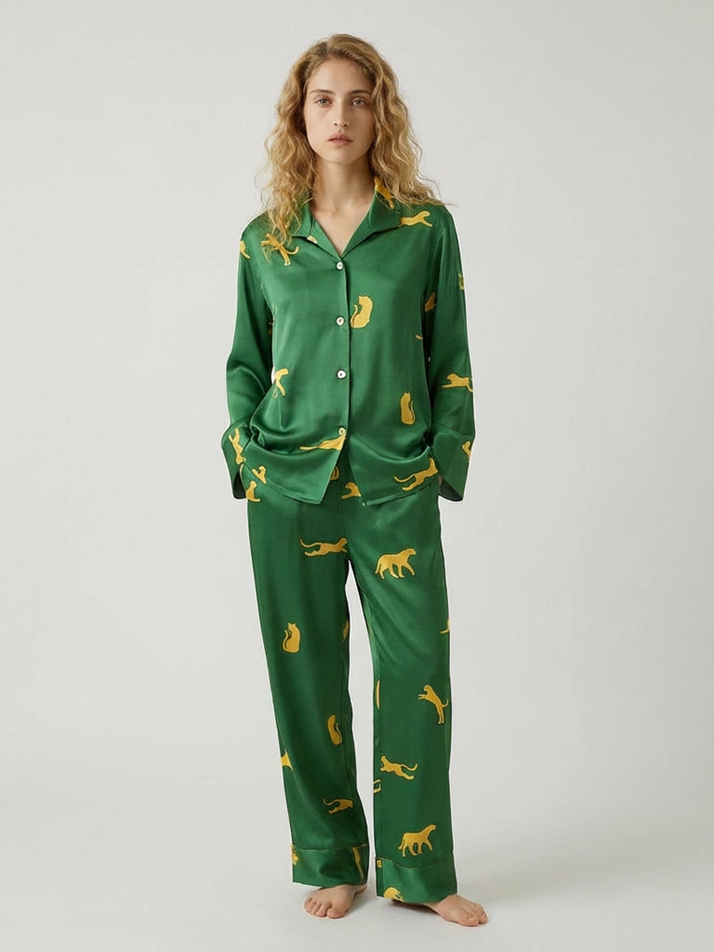 Signature Printed Silk Pajama Set#color_Dark Green