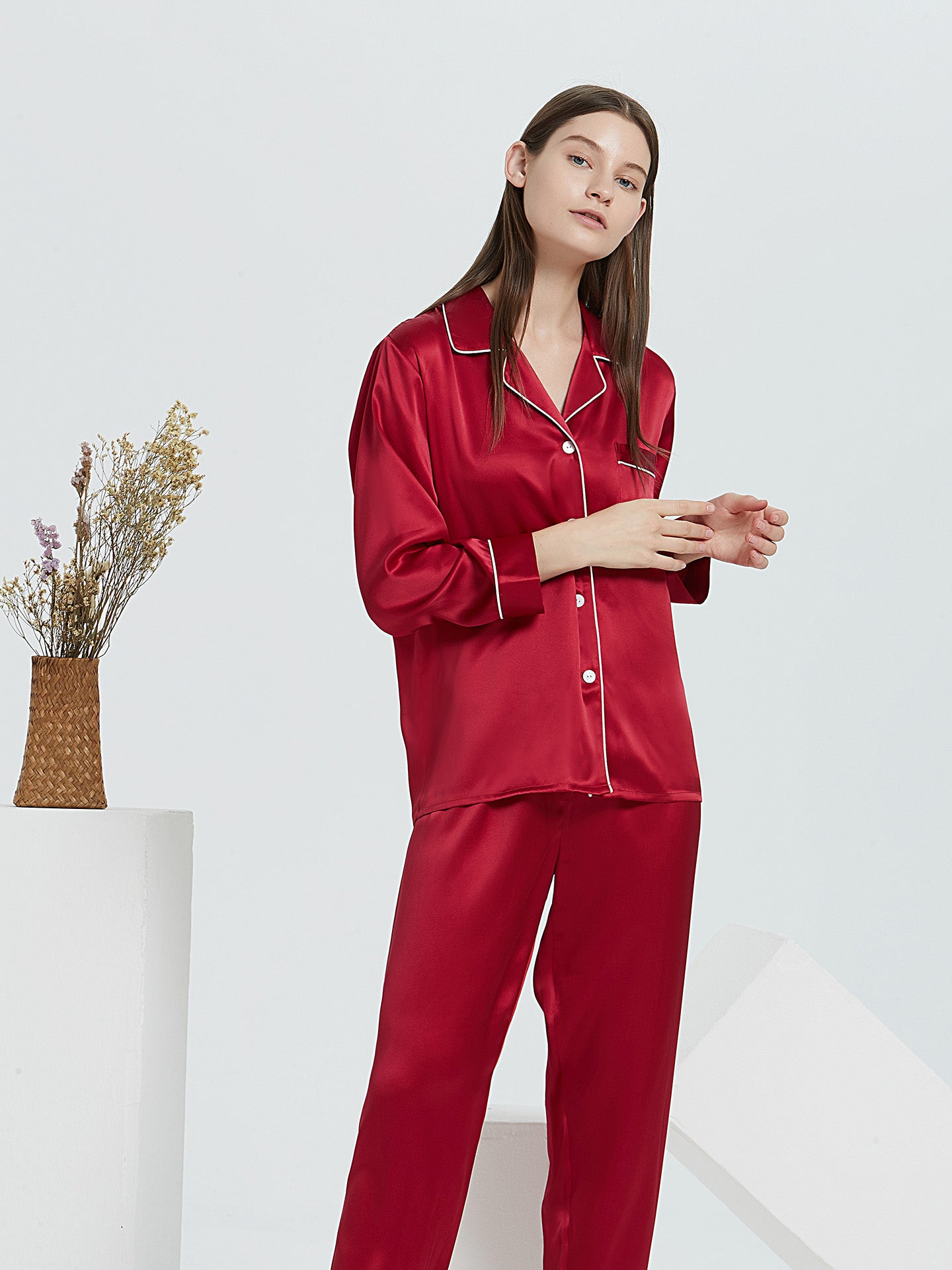 Mulberry Silk Classic Button-Down Pajama Set with Contrast Piping#color_Burgundy