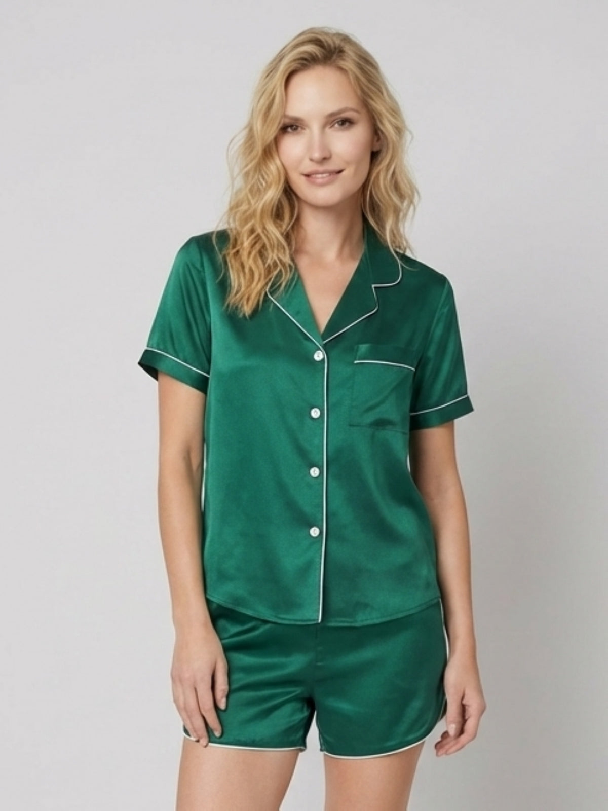 19 Momme Mulberry Silk Lounge Button-Down Pajama Set#color_Dark Green