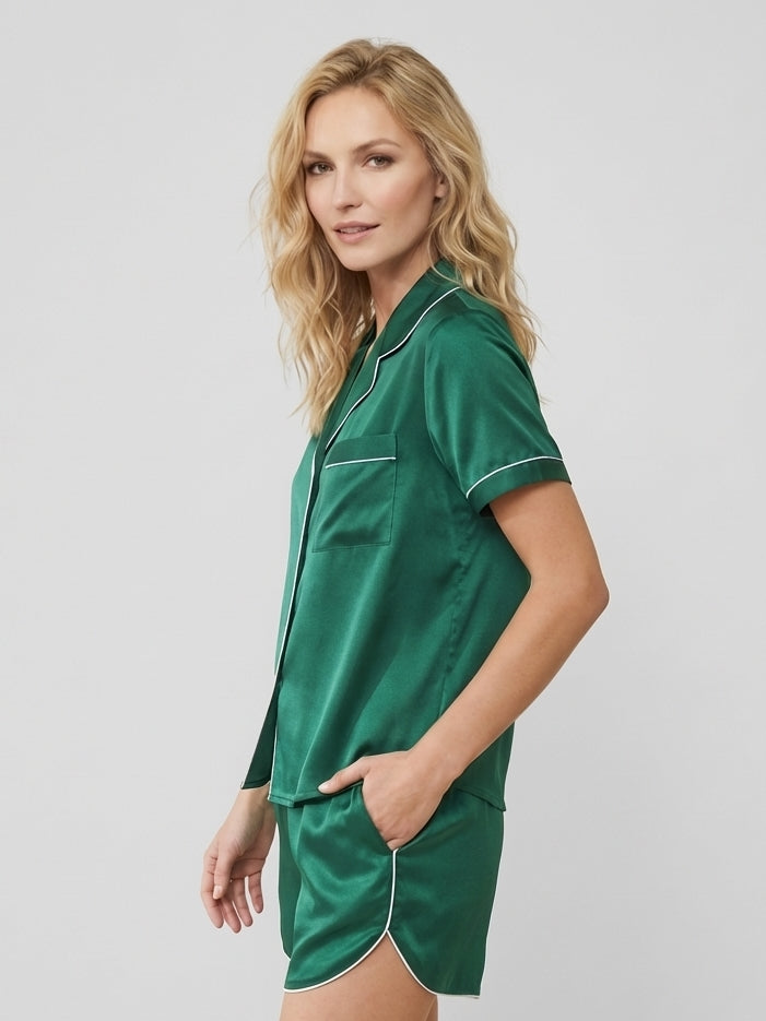 19 Momme Mulberry Silk Lounge Button-Down Pajama Set#color_Dark Green