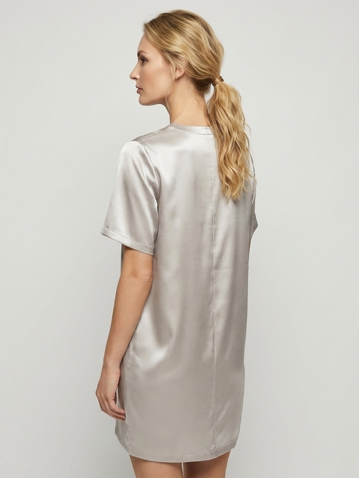 19 Momme Mulberry Silk Sleep Shirt Dress#color_Grey