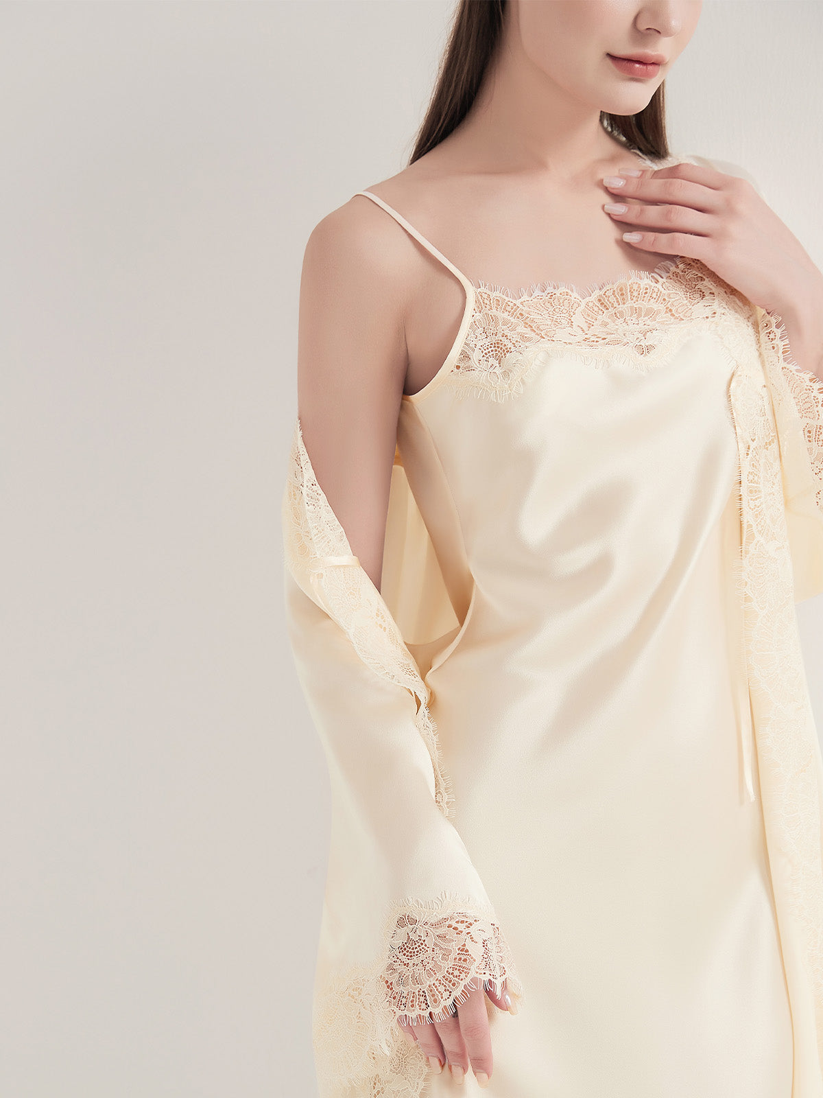 Women's Lace Trim Chemise & Robe Set#color_Light Lemon Yellow