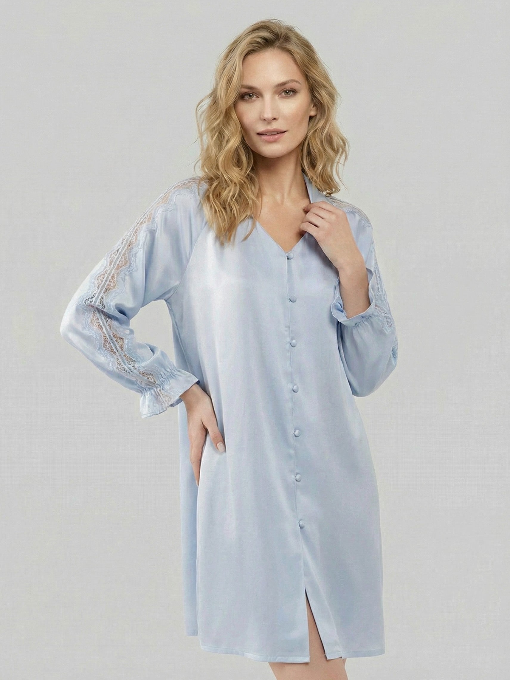 19 Momme Mulberry Silk Nightshirt with Lace#color_Baby Blue