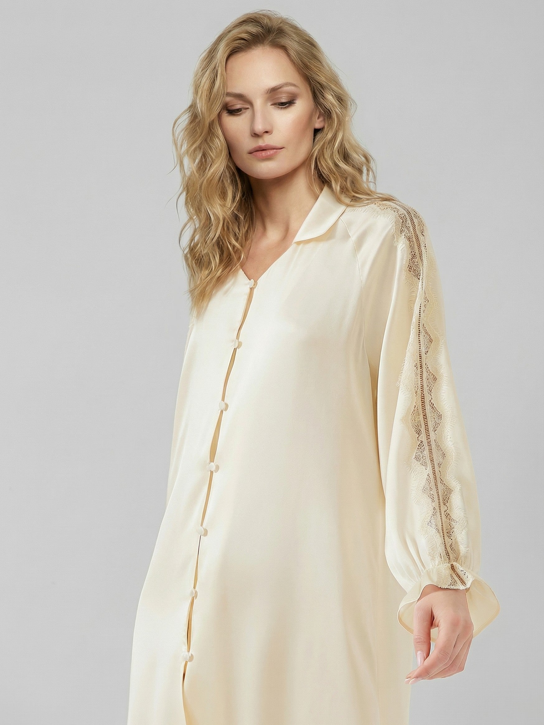 19 Momme Mulberry Silk Nightshirt with Lace#color_Light Lemon Yellow