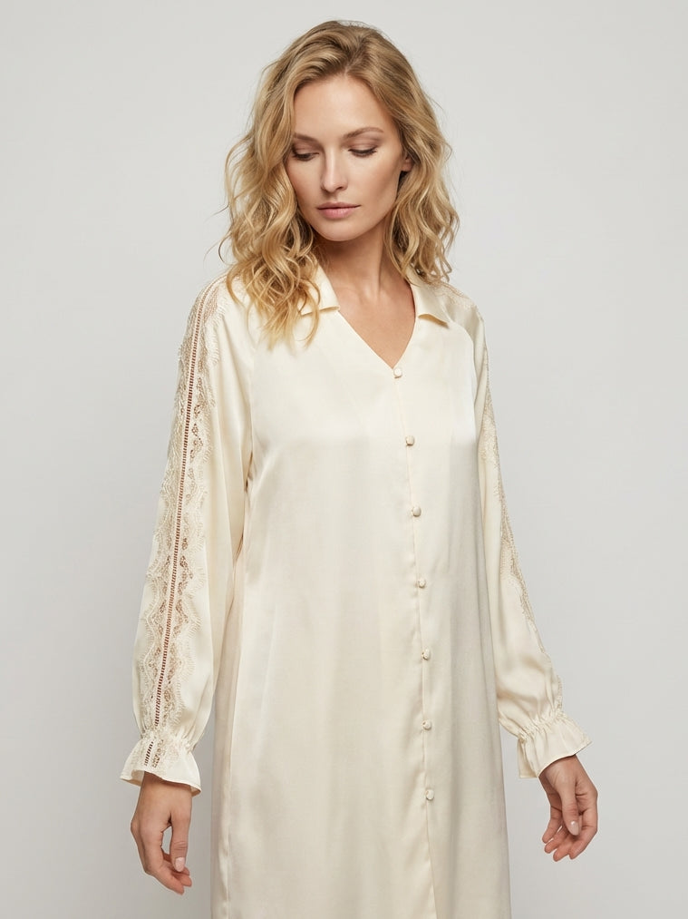 19 Momme Mulberry Silk Nightshirt with Lace#color_Light Lemon Yellow