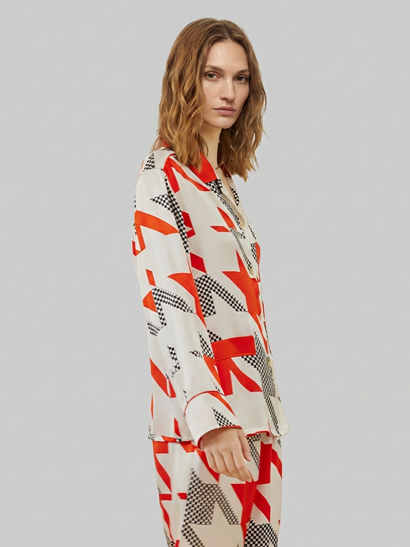 Red Houndstooth Print Pajamas#color_Red Houndstooth