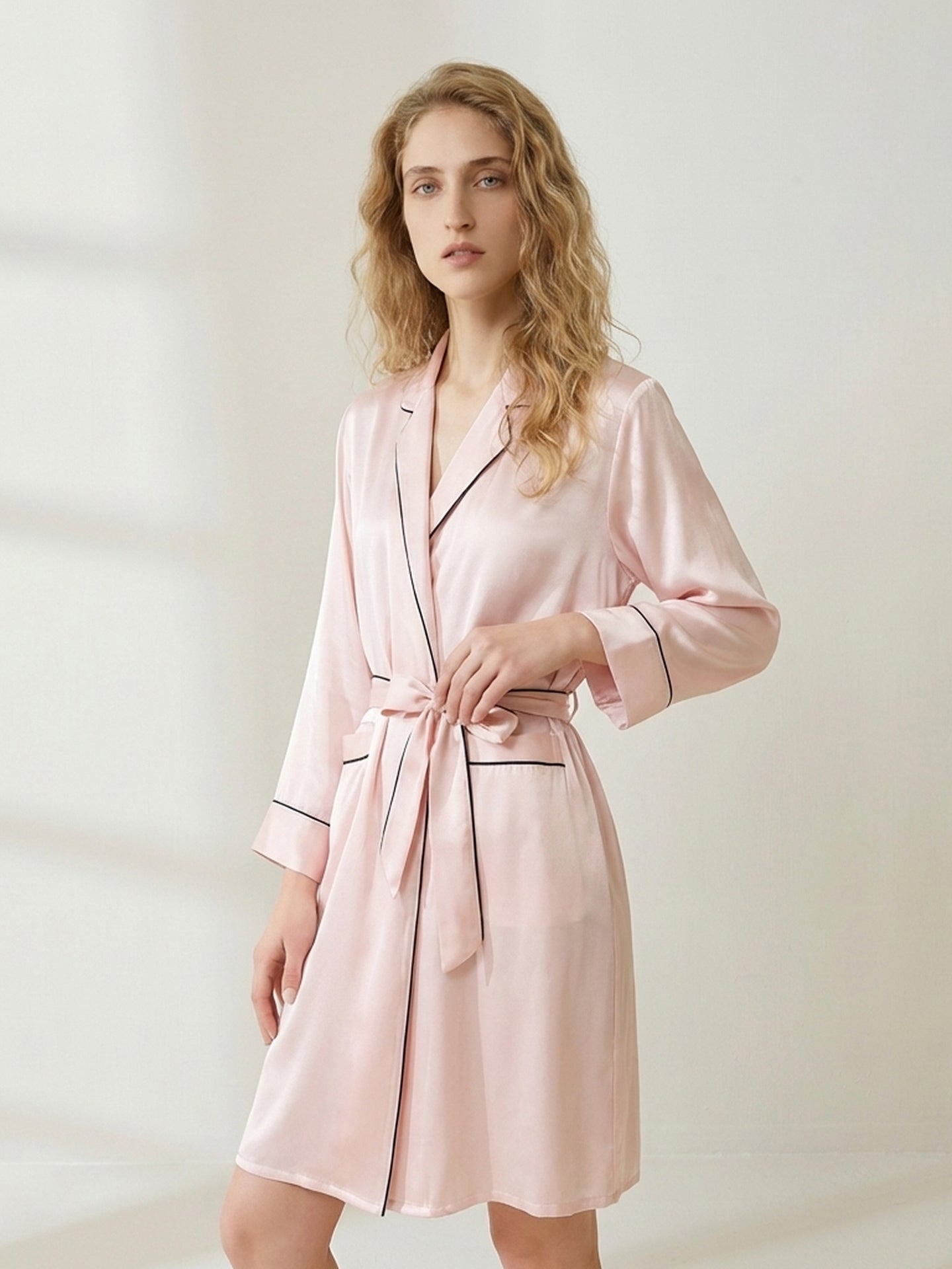 Pure Silk Contrast Trim Robe#color_Blush Pink