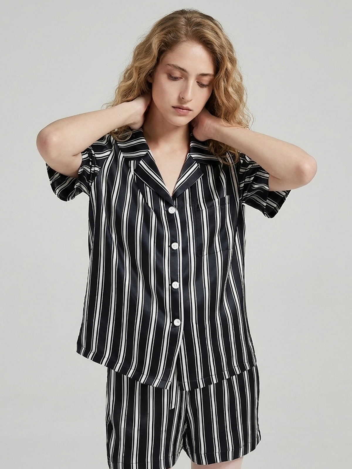 Silk Striped Short Pajama Set with Notch Collar#color_Black Stripes