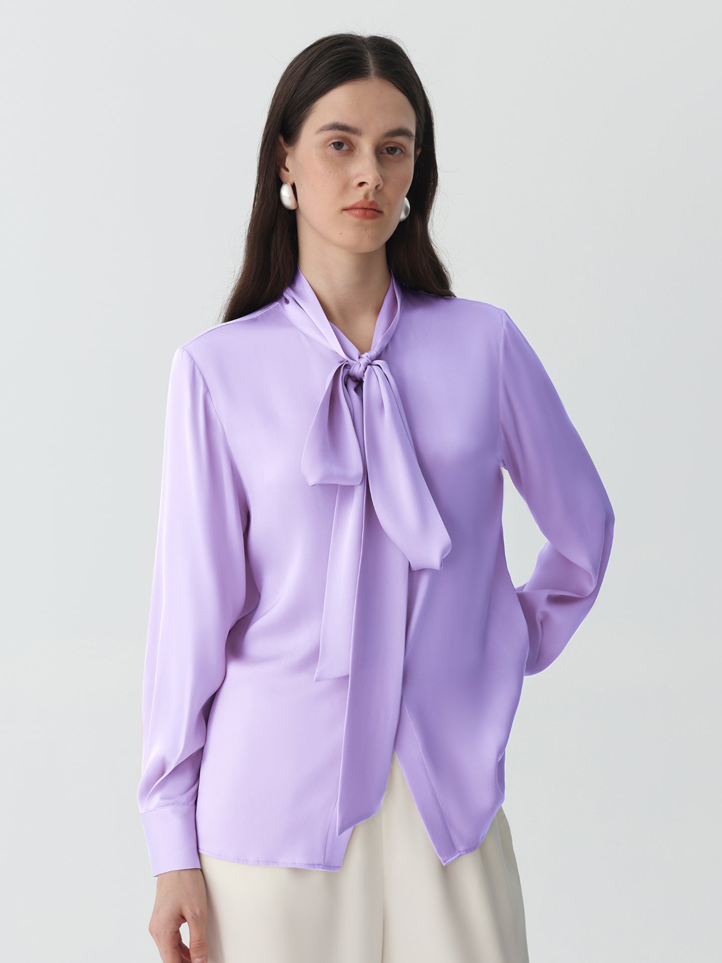 Bow-Tie Neck Silk Blouse #color_Lavender