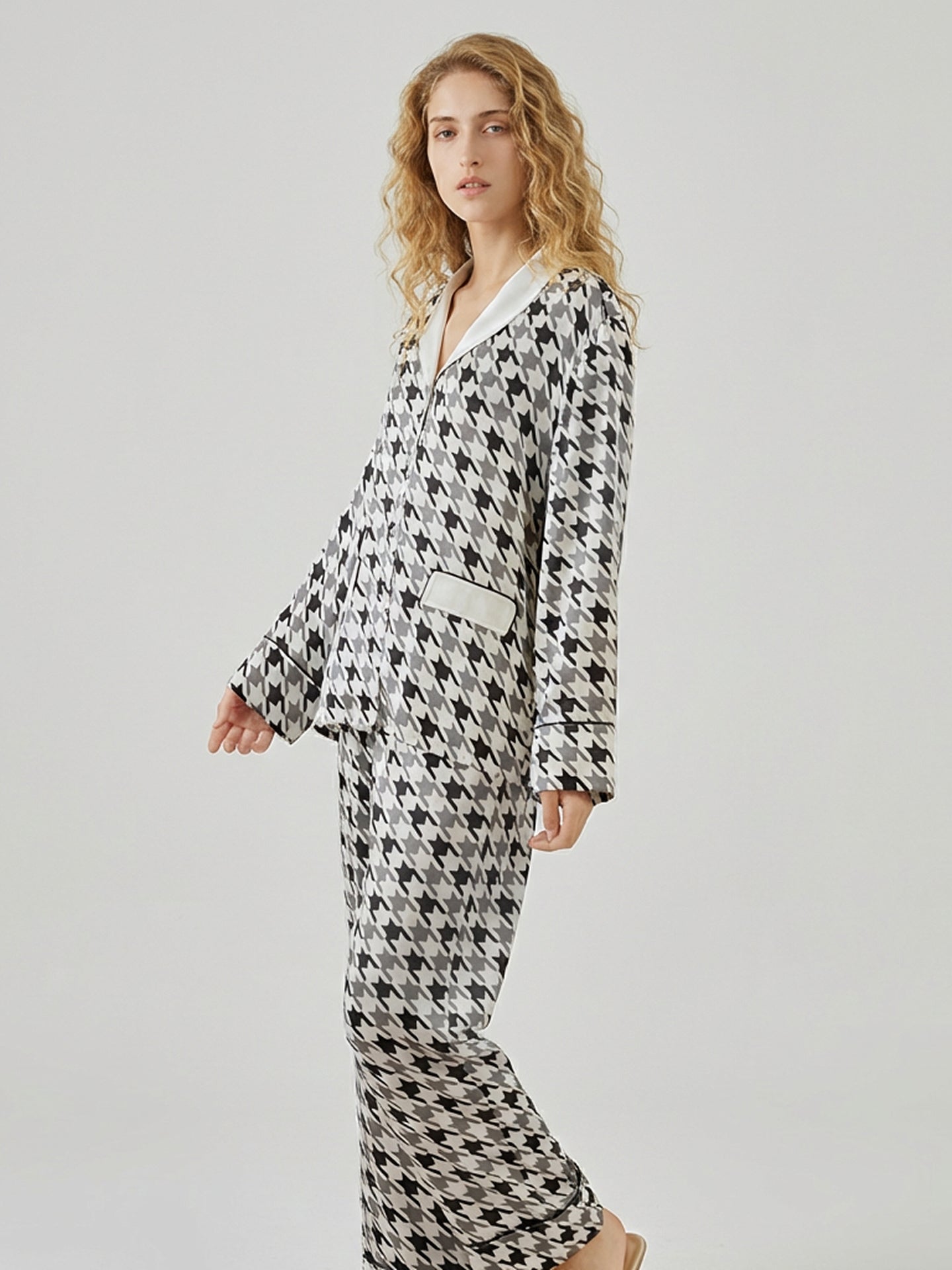Black and White Houndstooth Pajama Set#color_checkered pattern