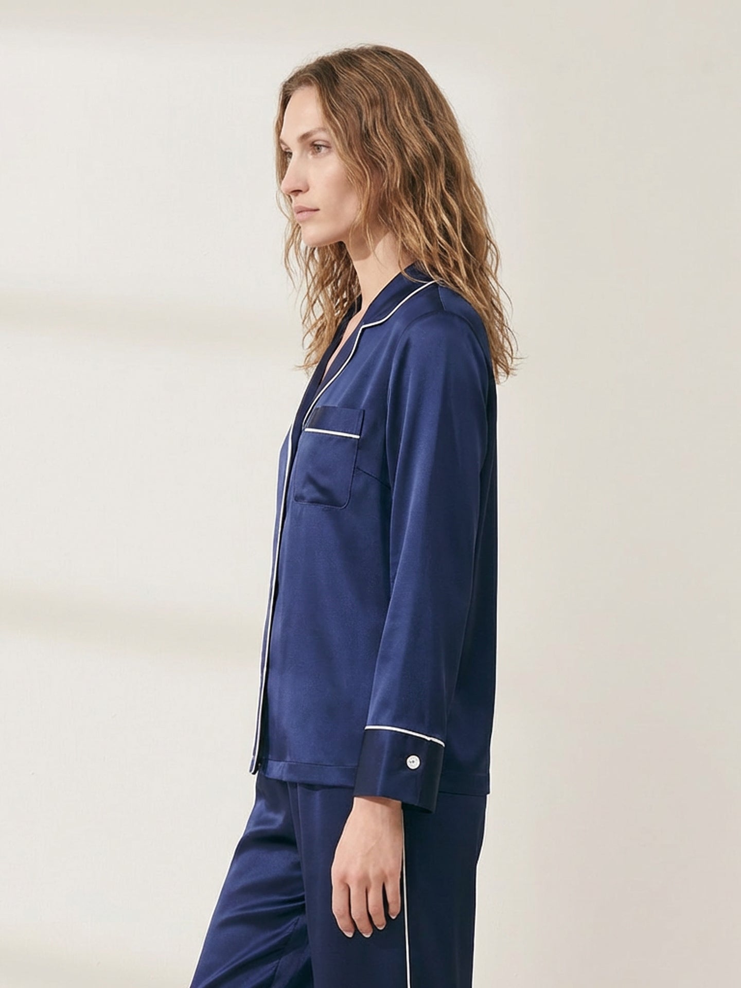 Premium Mulberry Silk Pajama Set#color_Navy