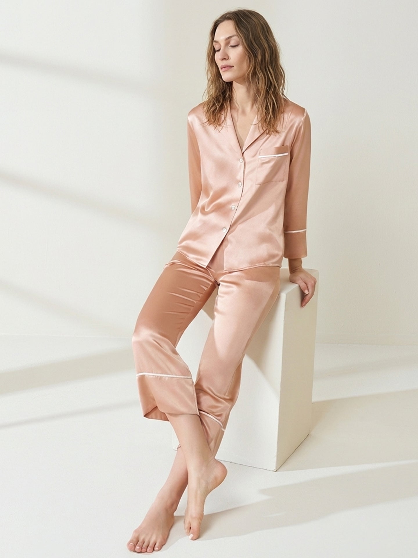 Luxe Long Sleeve Silk Pajamas#color_Dusty Rose