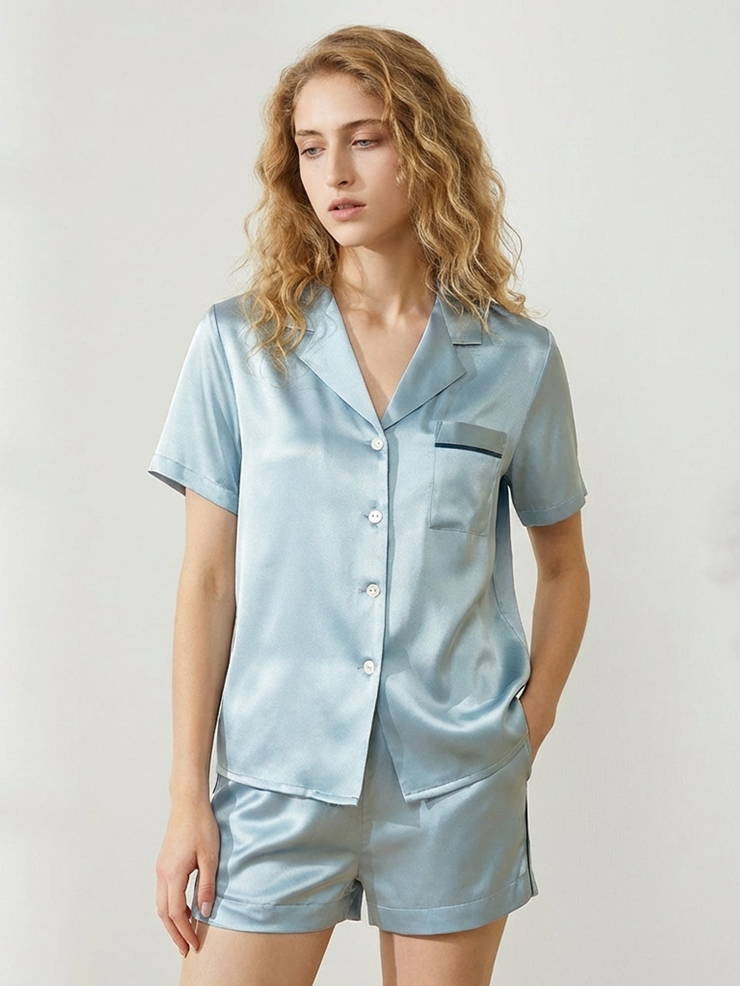 Silk Short Pajama Set with Notch Collar#color_Dusty Blue