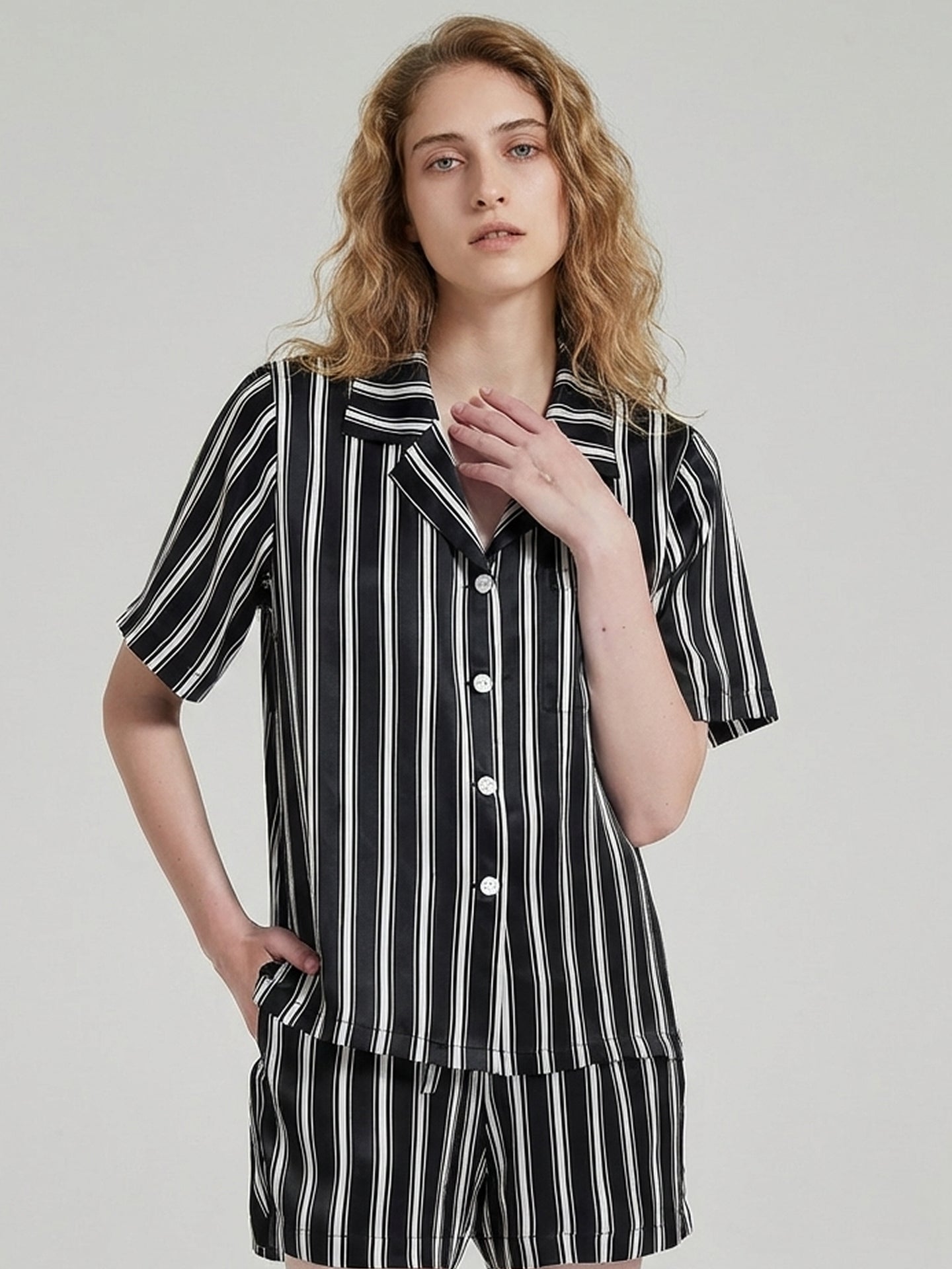 Silk Striped Short Pajama Set with Notch Collar#color_Black Stripes