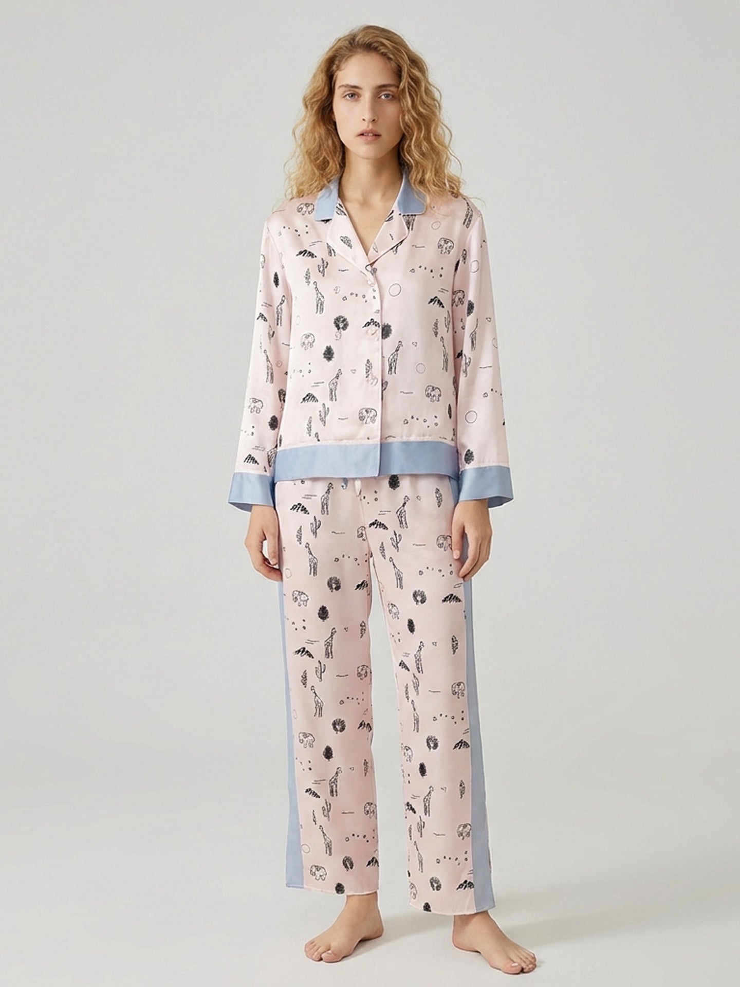 100% Mulberry Silk Printed Pajama Set#color_Pink Print